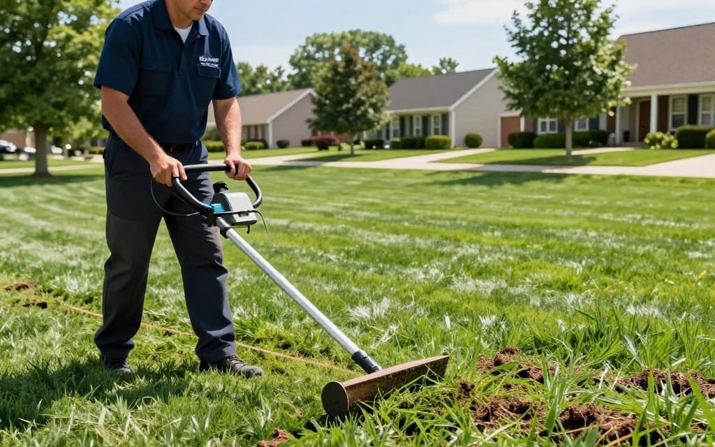 A professional lawn care technician dressed in a neat, branded uniform is performing a dethatching service on a lush, vibrant lawn in Homewood, IL. In the foreground, the technician is using a specialized dethatching machine that efficiently removes the layer of thatch from the grass. The middle section features a well-maintained lawn with rich green grass blades visibly emerging after thatch removal, indicating a healthy turf. In the background, a sunny suburban environment showcases well-kept homes and trees, with a clear blue sky adding to the serene atmosphere. The lighting is bright and natural, highlighting the textures of the grass and soil. The angle captures the action from slightly above, providing a clear view of the technician’s focused expression and the lush lawn they are revitalizing. A professional lawn care technician dressed in a neat, branded uniform is performing a dethatching service on a lush, vibrant lawn in Homewood, IL. In the foreground, the technician is using a specialized dethatching machine that efficiently removes the layer of thatch from the grass. The middle section features a well-maintained lawn with rich green grass blades visibly emerging after thatch removal, indicating a healthy turf. In the background, a sunny suburban environment showcases well-kept homes and trees, with a clear blue sky adding to the serene atmosphere. The lighting is bright and natural, highlighting the textures of the grass and soil. The angle captures the action from slightly above, providing a clear view of the technician’s focused expression and the lush lawn they are revitalizing.