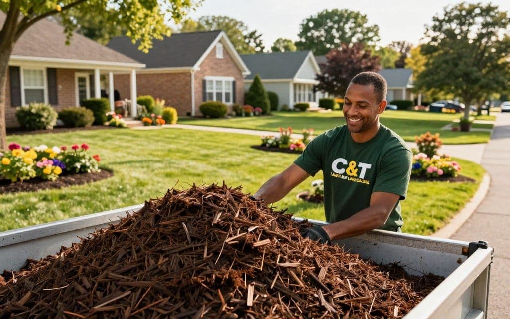 A professional mulch delivery service scene set in a sunny suburban neighborhood in Homewood, IL. In the foreground, a friendly delivery driver in a branded shirt from C&T Lawn and Landscape is smiling while unloading a fresh load of rich, dark mulch from a truck. The middle ground features a well-maintained lawn and garden beds, dotted with colorful perennials. In the background, charming houses line a tree-shaded street, adding a sense of community. The lighting is warm and inviting, evoking a pleasant afternoon. The angle is slightly elevated to capture the entire scene, with vibrant colors enhancing the atmosphere of professionalism and care in landscape maintenance. The image is devoid of any text or logos aside from the truck branding. A professional mulch delivery service scene set in a sunny suburban neighborhood in Homewood, IL. In the foreground, a friendly delivery driver in a branded shirt from C&T Lawn and Landscape is smiling while unloading a fresh load of rich, dark mulch from a truck. The middle ground features a well-maintained lawn and garden beds, dotted with colorful perennials. In the background, charming houses line a tree-shaded street, adding a sense of community. The lighting is warm and inviting, evoking a pleasant afternoon. The angle is slightly elevated to capture the entire scene, with vibrant colors enhancing the atmosphere of professionalism and care in landscape maintenance. The image is devoid of any text or logos aside from the truck branding.