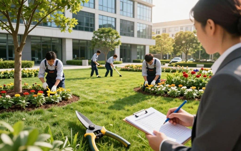 A professional team of commercial property maintenance experts in smart business attire, discussing landscape maintenance at a lush green commercial property. In the foreground, tools like pruning shears and a notepad with maintenance plans are visible. The middle ground features skilled workers carefully tending to flower beds and manicured lawns, while a few trees provide shade. The background showcases a modern office building with large windows reflecting bright sunlight. Soft, even lighting creates a warm atmosphere, emphasizing professionalism and attention to detail. The angle is slightly elevated, capturing both the team and the property in a cohesive view, highlighting the importance of expert maintenance for a thriving commercial landscape. A professional team of commercial property maintenance experts in smart business attire, discussing landscape maintenance at a lush green commercial property. In the foreground, tools like pruning shears and a notepad with maintenance plans are visible. The middle ground features skilled workers carefully tending to flower beds and manicured lawns, while a few trees provide shade. The background showcases a modern office building with large windows reflecting bright sunlight. Soft, even lighting creates a warm atmosphere, emphasizing professionalism and attention to detail. The angle is slightly elevated, capturing both the team and the property in a cohesive view, highlighting the importance of expert maintenance for a thriving commercial landscape.