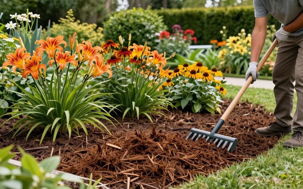 A serene garden scene showcasing proper mulch application techniques for perennials. In the foreground, a professional landscaper in modest casual clothing works diligently, wearing gloves and using a rake to spread a rich layer of organic mulch around vibrant flower beds. In the middle, lush perennials, such as daylilies and coneflowers, thrive, their colors vivid against the dark mulch. The background features a well-maintained garden with various shrubs and trees under soft, natural sunlight, creating an inviting atmosphere. The angle is slightly elevated, capturing both the depth of the garden and the detail of the mulch application. The overall mood is educational and inspiring, emphasizing best practices for maintaining healthy plants. A serene garden scene showcasing proper mulch application techniques for perennials. In the foreground, a professional landscaper in modest casual clothing works diligently, wearing gloves and using a rake to spread a rich layer of organic mulch around vibrant flower beds. In the middle, lush perennials, such as daylilies and coneflowers, thrive, their colors vivid against the dark mulch. The background features a well-maintained garden with various shrubs and trees under soft, natural sunlight, creating an inviting atmosphere. The angle is slightly elevated, capturing both the depth of the garden and the detail of the mulch application. The overall mood is educational and inspiring, emphasizing best practices for maintaining healthy plants.
