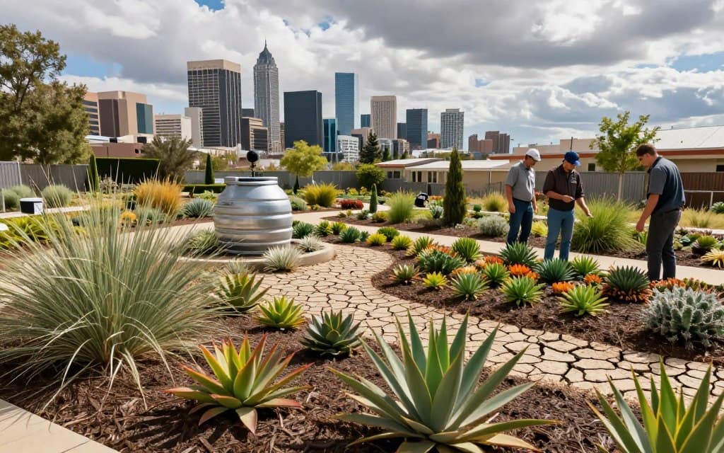 A thoughtfully designed commercial landscape showcasing local climate challenges, featuring drought-resistant plants and native vegetation prominently in the foreground. In the middle, a well-maintained garden area revealing mulched beds, vibrant succulents, and strategically placed rain barrels to illustrate sustainable practices. The background displays a skyline of a city affected by climate change, with partly cloudy skies creating dramatic lighting that casts soft shadows on the landscaping. The atmosphere is one of resilience and innovation, capturing a sense of urgency in environmental awareness. A professional landscape maintenance team, dressed in modest casual clothing, is seen collaborating and inspecting the greenery, emphasizing teamwork and diligence in addressing climate issues. A thoughtfully designed commercial landscape showcasing local climate challenges, featuring drought-resistant plants and native vegetation prominently in the foreground. In the middle, a well-maintained garden area revealing mulched beds, vibrant succulents, and strategically placed rain barrels to illustrate sustainable practices. The background displays a skyline of a city affected by climate change, with partly cloudy skies creating dramatic lighting that casts soft shadows on the landscaping. The atmosphere is one of resilience and innovation, capturing a sense of urgency in environmental awareness. A professional landscape maintenance team, dressed in modest casual clothing, is seen collaborating and inspecting the greenery, emphasizing teamwork and diligence in addressing climate issues.