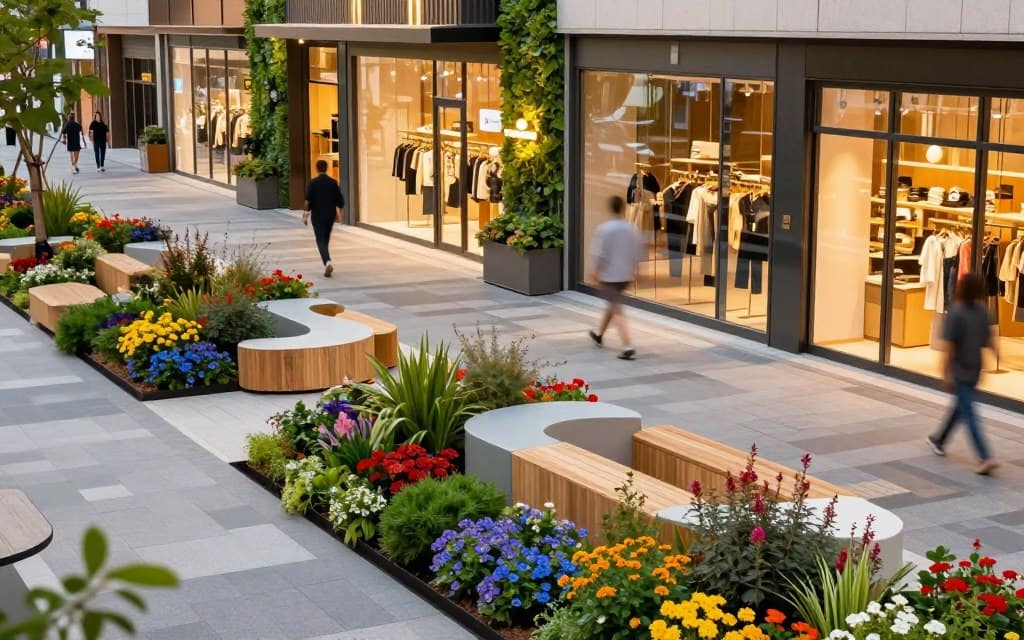 A vibrant and inviting retail landscape design with modern elements. In the foreground, there are well-maintained flower beds filled with colorful, seasonal flowers, alongside sleek, modular seating areas made from sustainable materials. The middle ground features a spacious, pedestrian-friendly walkway lined with trendy boutiques, showcasing large glass windows that invite shoppers inside. In the background, there are green walls and decorative lighting that enhance the ambiance, reflecting a contemporary urban environment. The scene is illuminated with warm, golden hour lighting that creates a welcoming atmosphere. Capture this image from a slightly elevated angle to provide a comprehensive view, portraying a lively yet serene environment that encourages foot traffic and engagement. The overall mood should be upbeat and accessible, showcasing an ideal retail space that harmonizes nature with modern design. A vibrant and inviting retail landscape design with modern elements. In the foreground, there are well-maintained flower beds filled with colorful, seasonal flowers, alongside sleek, modular seating areas made from sustainable materials. The middle ground features a spacious, pedestrian-friendly walkway lined with trendy boutiques, showcasing large glass windows that invite shoppers inside. In the background, there are green walls and decorative lighting that enhance the ambiance, reflecting a contemporary urban environment. The scene is illuminated with warm, golden hour lighting that creates a welcoming atmosphere. Capture this image from a slightly elevated angle to provide a comprehensive view, portraying a lively yet serene environment that encourages foot traffic and engagement. The overall mood should be upbeat and accessible, showcasing an ideal retail space that harmonizes nature with modern design.
