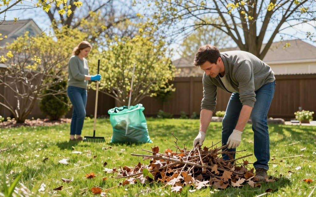 A vibrant backyard scene depicting the assessment of yard debris in spring. In the foreground, a focused homeowner in modest casual attire examines a pile of fallen leaves and branches on a lush green lawn. In the middle ground, gardening tools like a rake and a trash bag are neatly arranged, suggesting organization and preparation for clean-up. In the background, trees show fresh budding leaves under a clear blue sky, creating a sense of renewal. Soft, natural lighting enhances the fresh and inviting atmosphere of a sunny spring day. The overall mood is productive and optimistic, embodying the spirit of a fresh start in yard maintenance. A vibrant backyard scene depicting the assessment of yard debris in spring. In the foreground, a focused homeowner in modest casual attire examines a pile of fallen leaves and branches on a lush green lawn. In the middle ground, gardening tools like a rake and a trash bag are neatly arranged, suggesting organization and preparation for clean-up. In the background, trees show fresh budding leaves under a clear blue sky, creating a sense of renewal. Soft, natural lighting enhances the fresh and inviting atmosphere of a sunny spring day. The overall mood is productive and optimistic, embodying the spirit of a fresh start in yard maintenance.
