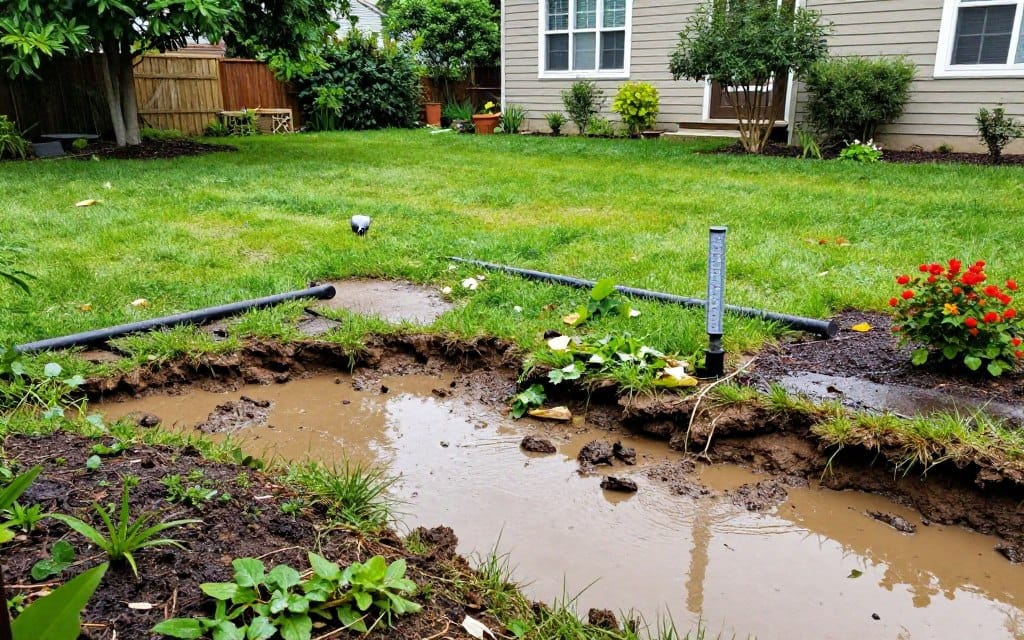 A vibrant backyard scene illustrating common yard drainage issues, featuring visible water pooling in various areas, muddy patches of grass, and patches of erosion around flower beds. In the foreground, show a muddy, flooded area with waterlogged soil and some unwanted weeds. The middle ground should depict downspouts and clogged drains, with some leaves and debris obstructing the flow, alongside a rain gauge indicating recent rainfall. In the background, a modest two-story home surrounded by trees adds a homey feel. Use natural daylight to illuminate the scene, highlighting the textures of the soil and grass. Capture a slightly elevated angle to provide a comprehensive view, conveying a sense of urgency and the need for effective drainage solutions. The overall mood is informative, emphasizing the importance of recognizing and addressing these issues. A vibrant backyard scene illustrating common yard drainage issues, featuring visible water pooling in various areas, muddy patches of grass, and patches of erosion around flower beds. In the foreground, show a muddy, flooded area with waterlogged soil and some unwanted weeds. The middle ground should depict downspouts and clogged drains, with some leaves and debris obstructing the flow, alongside a rain gauge indicating recent rainfall. In the background, a modest two-story home surrounded by trees adds a homey feel. Use natural daylight to illuminate the scene, highlighting the textures of the soil and grass. Capture a slightly elevated angle to provide a comprehensive view, conveying a sense of urgency and the need for effective drainage solutions. The overall mood is informative, emphasizing the importance of recognizing and addressing these issues.