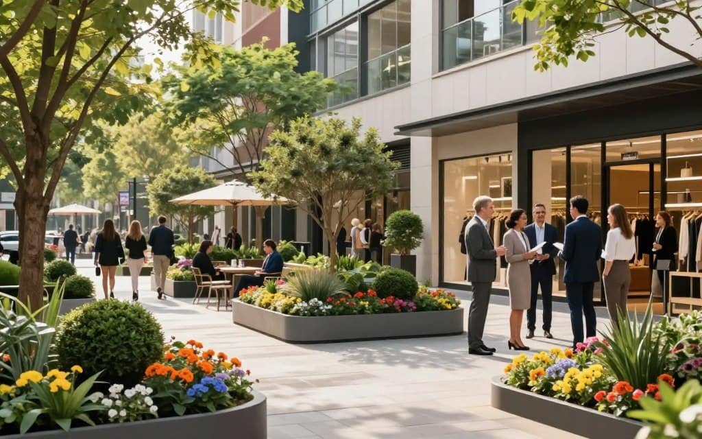 A vibrant commercial landscape design scene showcasing a stylish urban retail environment. In the foreground, neatly arranged flower beds with colorful blooms and manicured shrubs create an inviting pathway leading to a modern storefront, where a group of professionally dressed individuals engage in conversation, exuding a sense of community and excitement. The middle ground features artfully designed outdoor seating areas integrated with greenery, where shoppers relax. In the background, tall trees provide shade and contribute to a lush, natural ambiance, complemented by soft, warm sunlight filtering through the leaves. The scene captures a lively atmosphere that promotes foot traffic and invites exploration, all while conveying a sense of professionalism and beauty in commercial landscape design. A vibrant commercial landscape design scene showcasing a stylish urban retail environment. In the foreground, neatly arranged flower beds with colorful blooms and manicured shrubs create an inviting pathway leading to a modern storefront, where a group of professionally dressed individuals engage in conversation, exuding a sense of community and excitement. The middle ground features artfully designed outdoor seating areas integrated with greenery, where shoppers relax. In the background, tall trees provide shade and contribute to a lush, natural ambiance, complemented by soft, warm sunlight filtering through the leaves. The scene captures a lively atmosphere that promotes foot traffic and invites exploration, all while conveying a sense of professionalism and beauty in commercial landscape design.