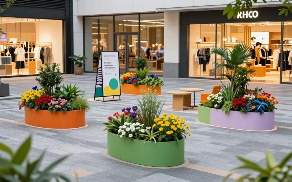 A vibrant, engaging landscape tailored to reflect brand identity, focusing on a retail environment. In the foreground, lively planters with colorful flowers and greenery, each uniquely designed to echo different brand colors, set against a stylishly paved walkway. In the middle ground, eye-catching signage subtly integrated into the landscape, showcasing artistic elements that emphasize the brand's personality, accompanied by strategically placed seating areas for relaxation. The background features dynamic architecture of retail shops, with large glass windows reflecting natural light, creating an inviting atmosphere. Use soft, warm lighting to enhance the welcoming mood, captured from a slightly elevated angle to provide a comprehensive view of the landscape. Overall, the scene exudes a sense of creativity and professionalism, inviting customers to explore and engage with the space. A vibrant, engaging landscape tailored to reflect brand identity, focusing on a retail environment. In the foreground, lively planters with colorful flowers and greenery, each uniquely designed to echo different brand colors, set against a stylishly paved walkway. In the middle ground, eye-catching signage subtly integrated into the landscape, showcasing artistic elements that emphasize the brand's personality, accompanied by strategically placed seating areas for relaxation. The background features dynamic architecture of retail shops, with large glass windows reflecting natural light, creating an inviting atmosphere. Use soft, warm lighting to enhance the welcoming mood, captured from a slightly elevated angle to provide a comprehensive view of the landscape. Overall, the scene exudes a sense of creativity and professionalism, inviting customers to explore and engage with the space.