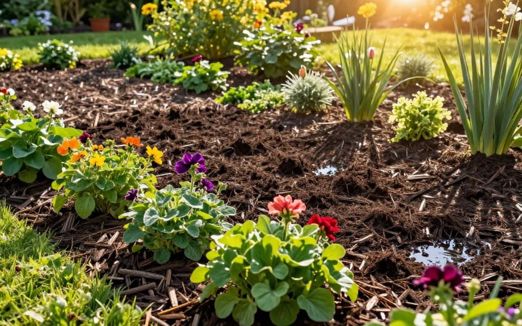 A vibrant garden scene displaying the benefits and pitfalls of mulch. In the foreground, a freshly applied layer of rich, dark mulch surrounds thriving perennials, showcasing healthy plants with lush green leaves and vibrant flowers. The middle ground features areas where mulch is improperly applied, causing issues like water pooling and weed growth. In the background, a sunny sky casts warm, golden light, illuminating the garden and creating gentle shadows. The composition is taken from a slightly elevated angle to capture both healthy and struggling plant areas effectively. The overall mood is educational, encouraging a deeper understanding of mulch usage in a beautiful, well-maintained landscape, emphasizing both its positive and negative impacts without any text or distractions. A vibrant garden scene displaying the benefits and pitfalls of mulch. In the foreground, a freshly applied layer of rich, dark mulch surrounds thriving perennials, showcasing healthy plants with lush green leaves and vibrant flowers. The middle ground features areas where mulch is improperly applied, causing issues like water pooling and weed growth. In the background, a sunny sky casts warm, golden light, illuminating the garden and creating gentle shadows. The composition is taken from a slightly elevated angle to capture both healthy and struggling plant areas effectively. The overall mood is educational, encouraging a deeper understanding of mulch usage in a beautiful, well-maintained landscape, emphasizing both its positive and negative impacts without any text or distractions.