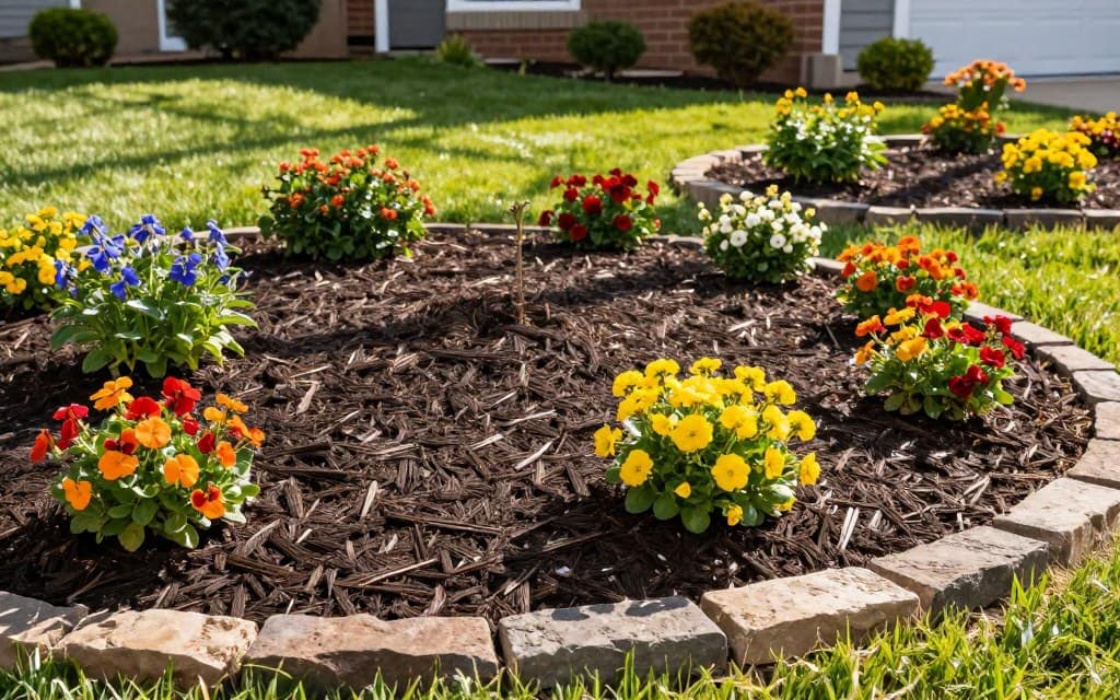 A vibrant residential front yard showcasing beautifully landscaped mulch beds surrounded by decorative edging. In the foreground, freshly laid dark hardwood mulch blends harmoniously with bright flowering plants in an array of colors, creating a welcoming atmosphere. The middle ground features sturdy stone or timber edging that defines the garden area, providing structure to the lively plants. In the background, a well-manicured lawn sparkles in the warm sunlight, reflecting a sense of care and attention. Soft shadows play across the ground, captured with a slight depth of field to draw attention to the mulch and plants. The overall mood is cheerful and inviting, perfect for a bright spring day, capturing the essence of quick yet effective yard upkeep that enhances curb appeal. A vibrant residential front yard showcasing beautifully landscaped mulch beds surrounded by decorative edging. In the foreground, freshly laid dark hardwood mulch blends harmoniously with bright flowering plants in an array of colors, creating a welcoming atmosphere. The middle ground features sturdy stone or timber edging that defines the garden area, providing structure to the lively plants. In the background, a well-manicured lawn sparkles in the warm sunlight, reflecting a sense of care and attention. Soft shadows play across the ground, captured with a slight depth of field to draw attention to the mulch and plants. The overall mood is cheerful and inviting, perfect for a bright spring day, capturing the essence of quick yet effective yard upkeep that enhances curb appeal.