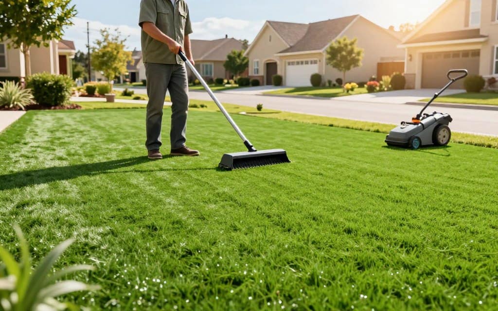A vibrant scene depicting year-round synthetic lawn maintenance. In the foreground, a professional gardener in modest casual attire meticulously checks the lush, green synthetic turf, ensuring its pristine condition. The middle ground features various maintenance tools such as a lawn sweeper and an electric blower, symbolizing efficient upkeep. In the background, a flawless suburban landscape showcases well-maintained homes with thriving gardens, under a bright and sunny sky. The lighting is warm and inviting, casting gentle shadows to emphasize the texture of the grass. Capture a serene and refreshing atmosphere that highlights the ease of maintaining a synthetic lawn throughout different seasons, illustrating its practical benefits for homeowners. A vibrant scene depicting year-round synthetic lawn maintenance. In the foreground, a professional gardener in modest casual attire meticulously checks the lush, green synthetic turf, ensuring its pristine condition. The middle ground features various maintenance tools such as a lawn sweeper and an electric blower, symbolizing efficient upkeep. In the background, a flawless suburban landscape showcases well-maintained homes with thriving gardens, under a bright and sunny sky. The lighting is warm and inviting, casting gentle shadows to emphasize the texture of the grass. Capture a serene and refreshing atmosphere that highlights the ease of maintaining a synthetic lawn throughout different seasons, illustrating its practical benefits for homeowners.