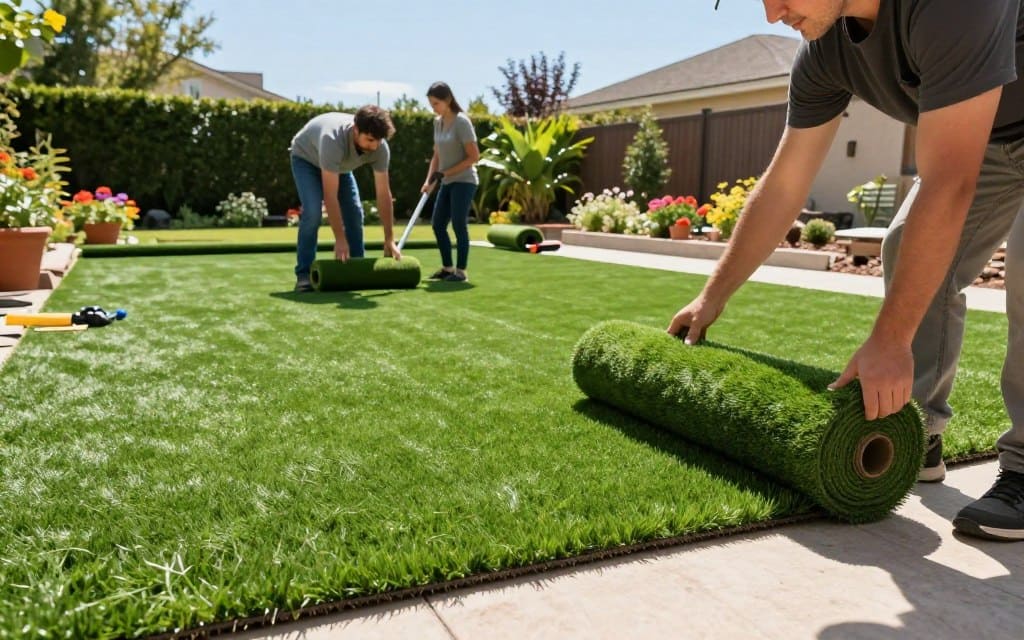 A vibrant scene of a professional team rolling out synthetic turf on a sunny day, set in a spacious backyard. In the foreground, a worker in modest casual clothing pulls the fresh, green turf across a clean, prepared surface, showcasing its lush texture. In the middle, a second team member expertly aligns the edges for a seamless fit, surrounded by tools like a turf cutter and a large roll of synthetic grass. The background features a beautiful garden with colorful flowers and a clear blue sky, creating a cheerful atmosphere. Soft sunlight casts gentle shadows, adding depth to the scene and emphasizing the lush greenery of the turf. The overall mood is productive and inviting, capturing the essence of turf installation. A vibrant scene of a professional team rolling out synthetic turf on a sunny day, set in a spacious backyard. In the foreground, a worker in modest casual clothing pulls the fresh, green turf across a clean, prepared surface, showcasing its lush texture. In the middle, a second team member expertly aligns the edges for a seamless fit, surrounded by tools like a turf cutter and a large roll of synthetic grass. The background features a beautiful garden with colorful flowers and a clear blue sky, creating a cheerful atmosphere. Soft sunlight casts gentle shadows, adding depth to the scene and emphasizing the lush greenery of the turf. The overall mood is productive and inviting, capturing the essence of turf installation.