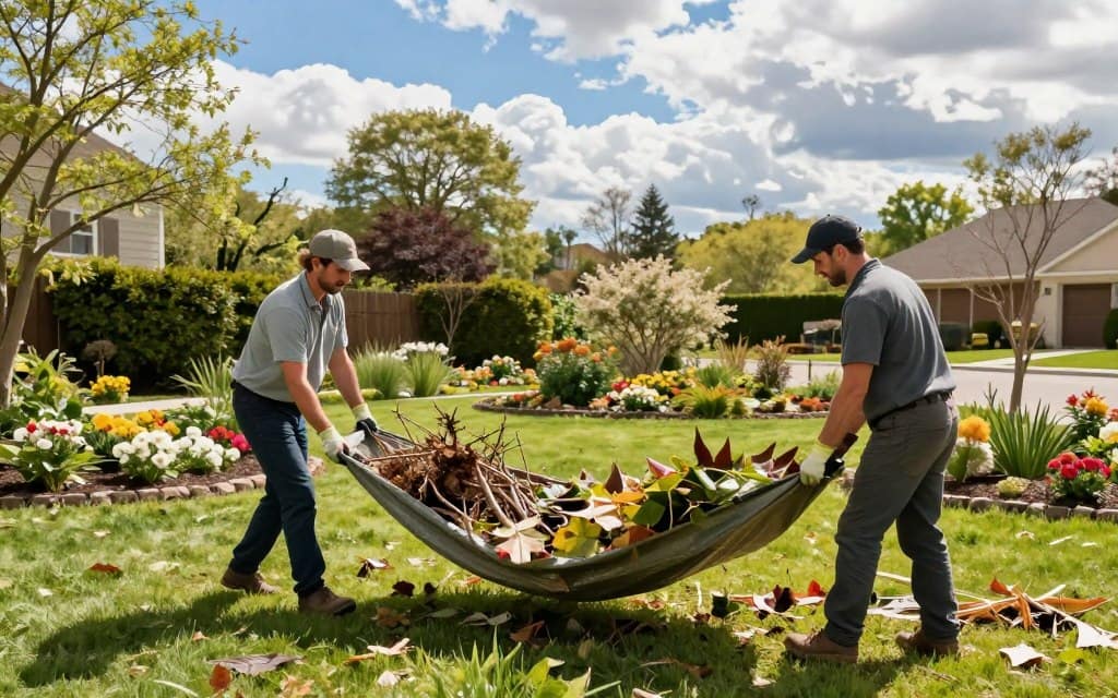 A vibrant spring scene depicting a professional landscape crew efficiently removing yard debris. In the foreground, two workers, dressed in modest casual clothing with safety gloves and hats, are hauling a large tarp filled with collected leaves, branches, and clippings. The middle ground features a tidy, well-maintained garden with blooming flowers, and a clean lawn free of clutter. In the background, a blue sky with scattered fluffy clouds creates a bright, cheerful atmosphere. Soft sunlight enhances the colors, casting gentle shadows on the ground, while hints of a suburban home peep from behind the greenery. This scene conveys a sense of teamwork and sustainability, reflecting a clean and organized approach to yard waste removal. A vibrant spring scene depicting a professional landscape crew efficiently removing yard debris. In the foreground, two workers, dressed in modest casual clothing with safety gloves and hats, are hauling a large tarp filled with collected leaves, branches, and clippings. The middle ground features a tidy, well-maintained garden with blooming flowers, and a clean lawn free of clutter. In the background, a blue sky with scattered fluffy clouds creates a bright, cheerful atmosphere. Soft sunlight enhances the colors, casting gentle shadows on the ground, while hints of a suburban home peep from behind the greenery. This scene conveys a sense of teamwork and sustainability, reflecting a clean and organized approach to yard waste removal.
