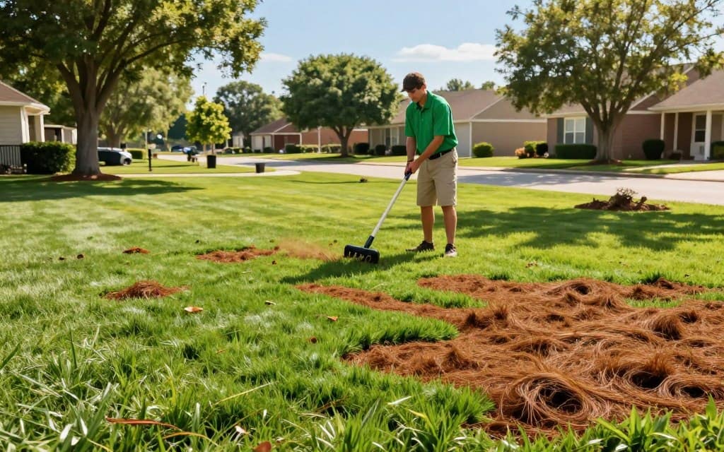 A vibrant, well-maintained lawn in the foreground showcases lush, green grass interspersed with patches of vivid brown thatch, illustrating the contrast between healthy turf and thatchy areas. In the middle ground, a landscape professional wearing a bright green polo and khaki shorts is gently aerating the lawn with a manual aerator, demonstrating proper seasonal care. The background features a suburban Homewood neighborhood, with trees and neat fences under a clear blue sky, conveying a sense of community and care. Soft, warm sunlight filters through the trees, casting gentle shadows on the lawn, creating an inviting and serene atmosphere that emphasizes the importance of seasonal lawn care. The image captures a balance of natural beauty and professional expertise, ideally suited for related content on lawn maintenance. A vibrant, well-maintained lawn in the foreground showcases lush, green grass interspersed with patches of vivid brown thatch, illustrating the contrast between healthy turf and thatchy areas. In the middle ground, a landscape professional wearing a bright green polo and khaki shorts is gently aerating the lawn with a manual aerator, demonstrating proper seasonal care. The background features a suburban Homewood neighborhood, with trees and neat fences under a clear blue sky, conveying a sense of community and care. Soft, warm sunlight filters through the trees, casting gentle shadows on the lawn, creating an inviting and serene atmosphere that emphasizes the importance of seasonal lawn care. The image captures a balance of natural beauty and professional expertise, ideally suited for related content on lawn maintenance.