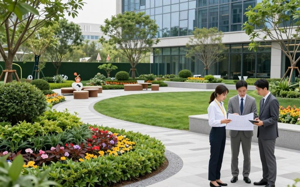 A well-designed commercial landscaping environment showcasing a vibrant array of plants and shrubbery, including neatly trimmed hedges and colorful flower beds. In the foreground, a professional landscaping team in business attire collaborates, discussing design plans with measuring tools and tablets in hand. The middle ground features a well-manicured lawn, strategically placed seating areas with decorative stone pathways and artfully arranged planters. In the background, a contemporary office building reflects modern architecture, surrounded by lush trees and greenery. Soft, natural lighting emphasizes the freshness of the scene, captured with a wide-angle lens to highlight the scale and beauty of the landscape. The atmosphere is productive and welcoming, ideal for a thriving commercial space. A well-designed commercial landscaping environment showcasing a vibrant array of plants and shrubbery, including neatly trimmed hedges and colorful flower beds. In the foreground, a professional landscaping team in business attire collaborates, discussing design plans with measuring tools and tablets in hand. The middle ground features a well-manicured lawn, strategically placed seating areas with decorative stone pathways and artfully arranged planters. In the background, a contemporary office building reflects modern architecture, surrounded by lush trees and greenery. Soft, natural lighting emphasizes the freshness of the scene, captured with a wide-angle lens to highlight the scale and beauty of the landscape. The atmosphere is productive and welcoming, ideal for a thriving commercial space.