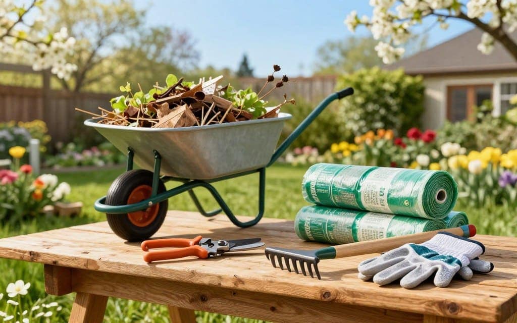 A well-organized collection of yard waste tools displayed on a rustic wooden workbench in a sunlit garden setting. In the foreground, include a sturdy pair of pruning shears, a rake with a wooden handle, and a pair of thick gardening gloves. The middle layer should showcase a heavy-duty wheelbarrow filled with freshly collected yard debris, alongside a roll of biodegradable yard waste bags. In the background, create a lush green landscape with blooming spring flowers and a clear blue sky, casting warm, natural light that highlights the textures of the tools and foliage. The atmosphere should evoke a sense of productivity and renewal, perfect for homeowners ready for their spring clean-up. A well-organized collection of yard waste tools displayed on a rustic wooden workbench in a sunlit garden setting. In the foreground, include a sturdy pair of pruning shears, a rake with a wooden handle, and a pair of thick gardening gloves. The middle layer should showcase a heavy-duty wheelbarrow filled with freshly collected yard debris, alongside a roll of biodegradable yard waste bags. In the background, create a lush green landscape with blooming spring flowers and a clear blue sky, casting warm, natural light that highlights the textures of the tools and foliage. The atmosphere should evoke a sense of productivity and renewal, perfect for homeowners ready for their spring clean-up.