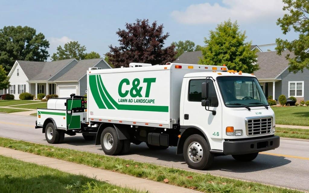 C&T Lawn and Landscape service truck in Dyer Indiana neighborhood C&T Lawn and Landscape service truck in Dyer Indiana neighborhood