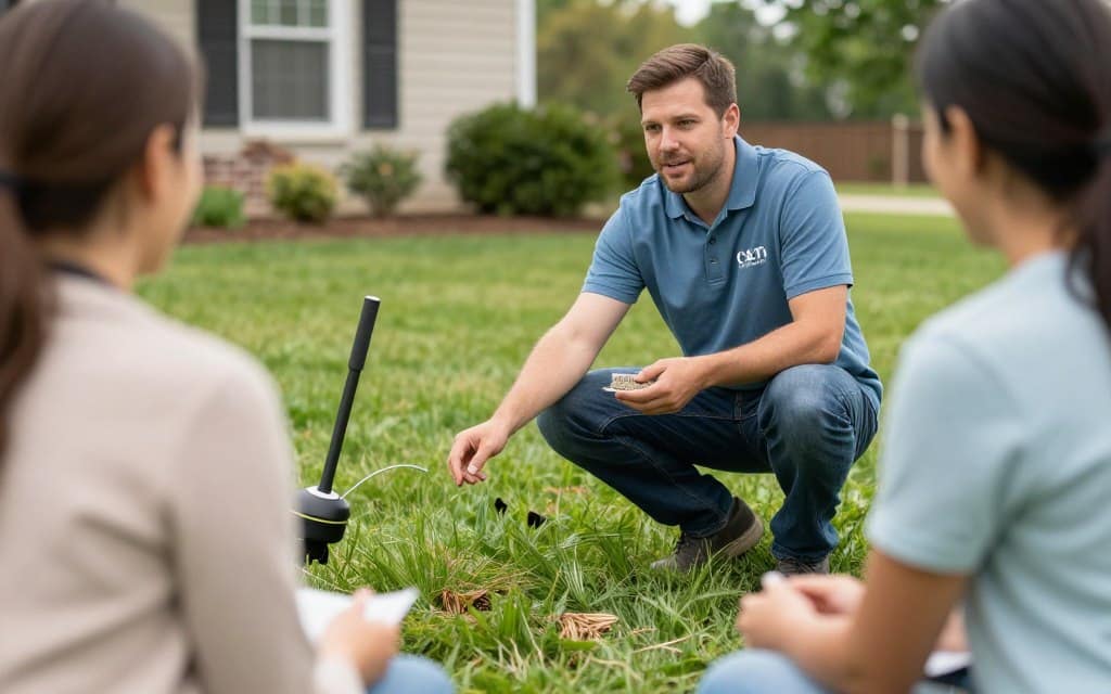 Homeowner consulting with C&T Lawn and Landscape specialist about power seeding Homeowner consulting with C&T Lawn and Landscape specialist about power seeding