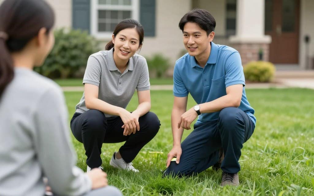 Lawn care expert answering customer questions about dethatching services in Dyer Lawn care expert answering customer questions about dethatching services in Dyer
