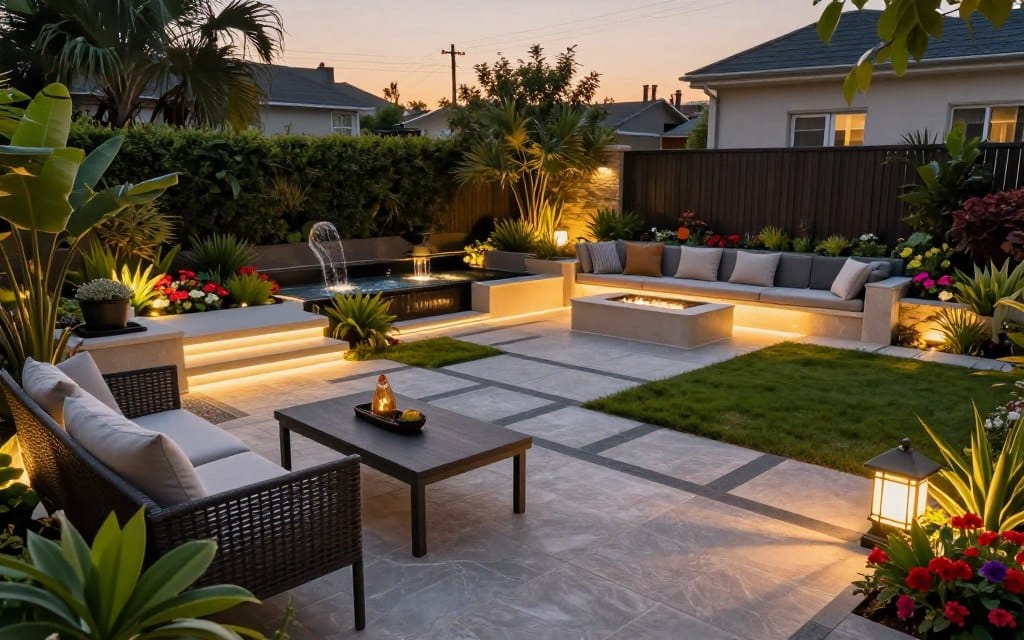 A beautifully designed modern backyard showcasing innovative hardscape solutions and outdoor lighting. In the foreground, feature a polished stone patio with stylish outdoor furniture, surrounded by lush greenery and vibrant flower beds. The middle ground includes elegant walkways made of interlocking pavers illuminated by energy-efficient LED lights that create a warm glow. Highlight a fire pit area with contemporary seating, underlining a cozy atmosphere. In the background, a small water feature softly trickles, enhancing tranquility. The scene is set during twilight, with warm hues in the sky, emphasizing the inviting outdoor lighting. Capture the image from a slightly elevated angle, giving a wide view of the space to convey sophistication and modern design elements, evoking a serene and inviting ambiance for entertaining and relaxation. A beautifully designed modern backyard showcasing innovative hardscape solutions and outdoor lighting. In the foreground, feature a polished stone patio with stylish outdoor furniture, surrounded by lush greenery and vibrant flower beds. The middle ground includes elegant walkways made of interlocking pavers illuminated by energy-efficient LED lights that create a warm glow. Highlight a fire pit area with contemporary seating, underlining a cozy atmosphere. In the background, a small water feature softly trickles, enhancing tranquility. The scene is set during twilight, with warm hues in the sky, emphasizing the inviting outdoor lighting. Capture the image from a slightly elevated angle, giving a wide view of the space to convey sophistication and modern design elements, evoking a serene and inviting ambiance for entertaining and relaxation.