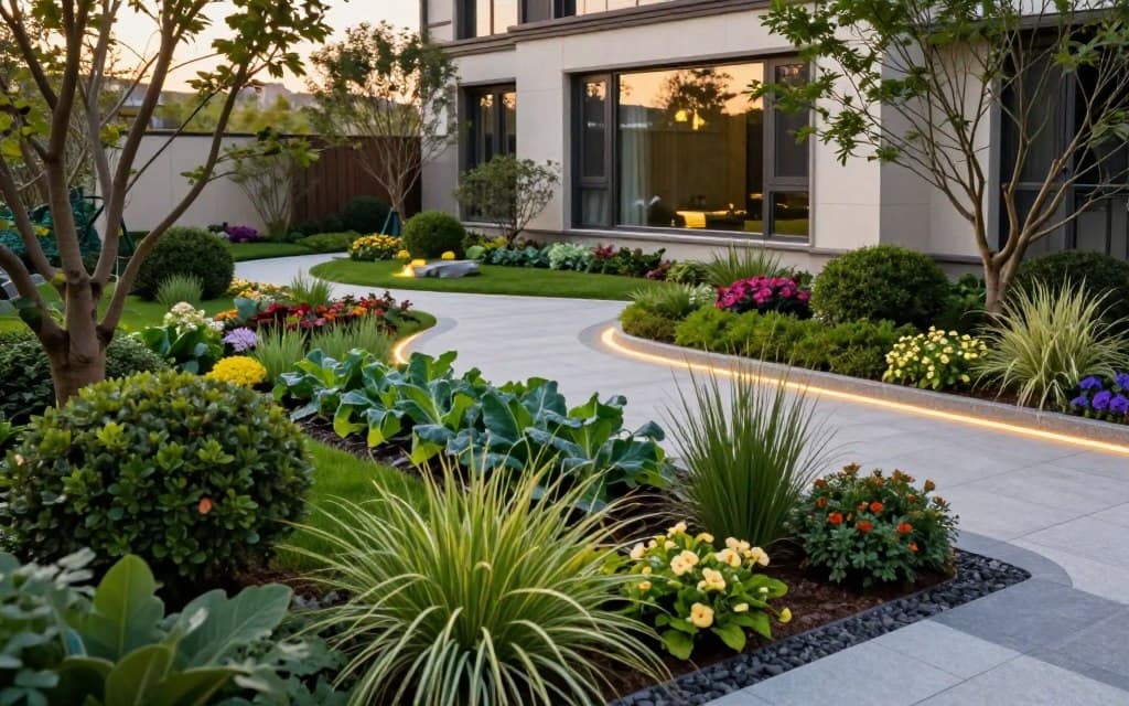 A beautifully designed residential landscape showcasing the essentials of landscape design fundamentals. In the foreground, a manicured garden with diverse, vibrant plants such as flowering shrubs, ornamental grasses, and a small vegetable patch. The middle layer features a well-defined pathway winding through the garden, lined with elegant stone edging and subtle lighting that casts a warm glow in the evening. In the background, a contemporary home with large windows reflecting the garden's beauty, surrounded by ornamental trees that frame the scene. Soft, golden hour lighting enhances the natural colors, creating an inviting atmosphere. Capture this scene from a slightly elevated angle to provide depth and perspective while maintaining a serene mood, perfect for absorbing the principles of thoughtful landscape design. A beautifully designed residential landscape showcasing the essentials of landscape design fundamentals. In the foreground, a manicured garden with diverse, vibrant plants such as flowering shrubs, ornamental grasses, and a small vegetable patch. The middle layer features a well-defined pathway winding through the garden, lined with elegant stone edging and subtle lighting that casts a warm glow in the evening. In the background, a contemporary home with large windows reflecting the garden's beauty, surrounded by ornamental trees that frame the scene. Soft, golden hour lighting enhances the natural colors, creating an inviting atmosphere. Capture this scene from a slightly elevated angle to provide depth and perspective while maintaining a serene mood, perfect for absorbing the principles of thoughtful landscape design.