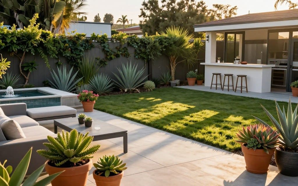 A beautifully landscaped backyard in Los Angeles, showcasing modern design elements. In the foreground, a sleek, elegant patio with minimalist outdoor furniture, accentuated by vibrant potted plants and a soft water feature. The middle ground features a lush lawn interspersed with native California plants like succulents and agave, creating a harmonious blend with the environment. In the background, a fence draped with climbing vines and a stylish outdoor kitchen area, all bathed in warm golden sunlight during the late afternoon, casting playful shadows. The scene captures a tranquil, inviting atmosphere, ideal for relaxation and entertainment. The composition should be photographed from a slight elevation, highlighting the layered landscape while maintaining a clear, vibrant color palette. A beautifully landscaped backyard in Los Angeles, showcasing modern design elements. In the foreground, a sleek, elegant patio with minimalist outdoor furniture, accentuated by vibrant potted plants and a soft water feature. The middle ground features a lush lawn interspersed with native California plants like succulents and agave, creating a harmonious blend with the environment. In the background, a fence draped with climbing vines and a stylish outdoor kitchen area, all bathed in warm golden sunlight during the late afternoon, casting playful shadows. The scene captures a tranquil, inviting atmosphere, ideal for relaxation and entertainment. The composition should be photographed from a slight elevation, highlighting the layered landscape while maintaining a clear, vibrant color palette.