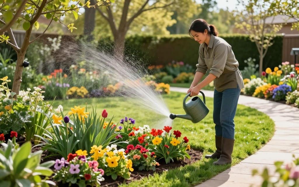 A beautifully landscaped garden in spring, showcasing effective watering and maintenance practices. In the foreground, a professional gardener in casual yet neat clothing uses a watering can to nurture vibrant flowers and healthy plants. The middle ground features lush green grass and well-maintained flower beds, with colorful blossoms and foliage thriving under careful attention. In the background, a sunny day casts soft light, creating a warm and inviting atmosphere, with a few trees providing dappled shade. The scene is framed with gentle curves of a garden path, leading the viewer's eye through this idyllic space. Overall, the image conveys a sense of tranquility, diligence, and the beauty of proper garden care, emphasizing a successful spring clean-up. A beautifully landscaped garden in spring, showcasing effective watering and maintenance practices. In the foreground, a professional gardener in casual yet neat clothing uses a watering can to nurture vibrant flowers and healthy plants. The middle ground features lush green grass and well-maintained flower beds, with colorful blossoms and foliage thriving under careful attention. In the background, a sunny day casts soft light, creating a warm and inviting atmosphere, with a few trees providing dappled shade. The scene is framed with gentle curves of a garden path, leading the viewer's eye through this idyllic space. Overall, the image conveys a sense of tranquility, diligence, and the beauty of proper garden care, emphasizing a successful spring clean-up.