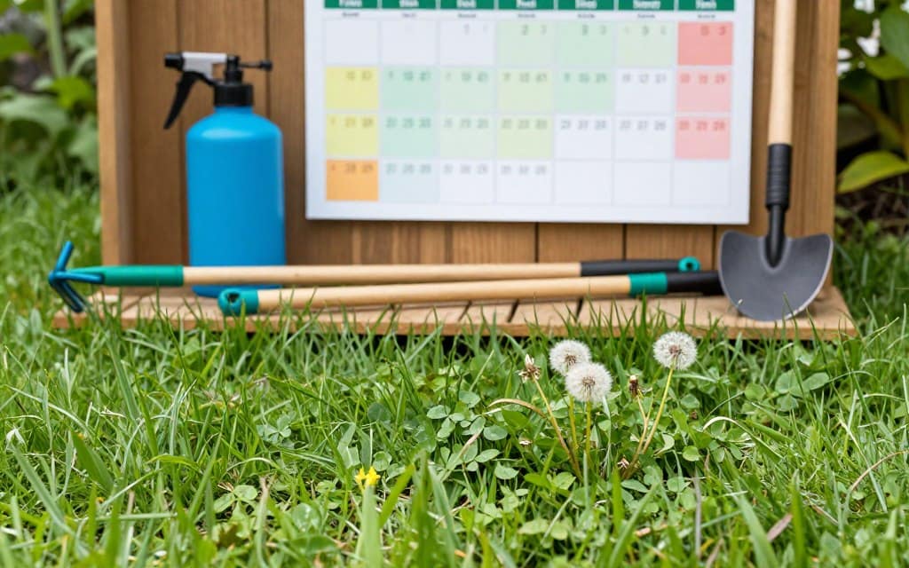A beautifully organized garden scene illustrating the seasonal timing for weed control. In the foreground, vibrant green grass is interspersed with a few common weeds, such as dandelions and clover. The middle layer features various gardening tools like a rake, sprayer, and hoe, arranged neatly on a wooden surface, reflecting a meticulous approach to weed management. The background showcases a calendar pinned to a garden shed, indicating key dates for herbicide application and mowing, with seasonal colors representing spring, summer, fall, and winter. Soft, natural lighting enhances the serene atmosphere, suggesting a productive and eco-friendly approach to lawn care. The overall mood is professional and informative, aimed at educating viewers about the timing and importance of weed control. A beautifully organized garden scene illustrating the seasonal timing for weed control. In the foreground, vibrant green grass is interspersed with a few common weeds, such as dandelions and clover. The middle layer features various gardening tools like a rake, sprayer, and hoe, arranged neatly on a wooden surface, reflecting a meticulous approach to weed management. The background showcases a calendar pinned to a garden shed, indicating key dates for herbicide application and mowing, with seasonal colors representing spring, summer, fall, and winter. Soft, natural lighting enhances the serene atmosphere, suggesting a productive and eco-friendly approach to lawn care. The overall mood is professional and informative, aimed at educating viewers about the timing and importance of weed control.