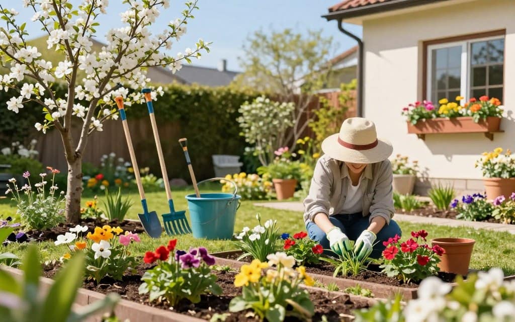 A bright, sunlit garden scene showcasing a variety of spring cleaning activities. In the foreground, a person dressed in modest casual clothing, wearing gloves and a sun hat, is joyfully tidying up flower beds filled with vibrant blooming flowers and fresh greenery. In the middle, gardening tools like rakes, a trowel, and a bucket are neatly arranged beside a blossoming tree. The background features a clear blue sky and hints of a charming, tidy house adorned with window boxes overflowing with colorful plants. Soft, warm lighting conveys a cheerful, inviting atmosphere, emphasizing the freshness of spring and the satisfaction of a well-executed clean-up routine. The perspective is slightly elevated, capturing the entire scene in a wide-angle view to enhance the sense of space and serenity. A bright, sunlit garden scene showcasing a variety of spring cleaning activities. In the foreground, a person dressed in modest casual clothing, wearing gloves and a sun hat, is joyfully tidying up flower beds filled with vibrant blooming flowers and fresh greenery. In the middle, gardening tools like rakes, a trowel, and a bucket are neatly arranged beside a blossoming tree. The background features a clear blue sky and hints of a charming, tidy house adorned with window boxes overflowing with colorful plants. Soft, warm lighting conveys a cheerful, inviting atmosphere, emphasizing the freshness of spring and the satisfaction of a well-executed clean-up routine. The perspective is slightly elevated, capturing the entire scene in a wide-angle view to enhance the sense of space and serenity.