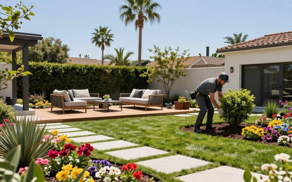 A captivating landscape installation scene in Los Angeles features a sunny, modern backyard designed for relaxation and entertainment. In the foreground, lush green grass is complemented by vibrant flower beds bursting with colorful blooms, while sleek stone pathways elegantly weave through the space. In the middle ground, a stylish wooden patio with comfortable lounge furniture invites gathering and leisure. A professional landscape installer, dressed in smart casual attire, is carefully planting new shrubbery, showcasing attentive, comprehensive service. In the background, iconic palm trees sway gently under a clear blue sky, enhancing the sense of a peaceful, upscale Southern California atmosphere. Soft, natural lighting highlights the vivid colors and textures, with a slightly elevated view to capture the entirety of this peaceful landscape design. A captivating landscape installation scene in Los Angeles features a sunny, modern backyard designed for relaxation and entertainment. In the foreground, lush green grass is complemented by vibrant flower beds bursting with colorful blooms, while sleek stone pathways elegantly weave through the space. In the middle ground, a stylish wooden patio with comfortable lounge furniture invites gathering and leisure. A professional landscape installer, dressed in smart casual attire, is carefully planting new shrubbery, showcasing attentive, comprehensive service. In the background, iconic palm trees sway gently under a clear blue sky, enhancing the sense of a peaceful, upscale Southern California atmosphere. Soft, natural lighting highlights the vivid colors and textures, with a slightly elevated view to capture the entirety of this peaceful landscape design.