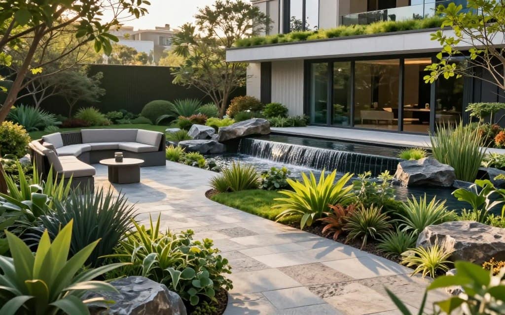A captivating residential landscape design for 2026, showcasing innovative features. In the foreground, a lush garden with vibrant, drought-resistant plants, interspersed with textured stone pathways and modern seating areas, encourages interaction. The middle ground reveals an elegant water feature, with gentle cascading waterfalls surrounded by natural stones and native flora. In the background, a sleek, sustainable home blends seamlessly with its environment, featuring large glass windows and a green roof. The scene is bathed in warm, golden hour sunlight, casting soft shadows and emphasizing the lush greenery. A serene atmosphere flows throughout, inviting tranquility and harmony with nature. Capture this modern oasis from a slightly elevated angle, ensuring a comprehensive view of the thoughtful landscape design trends defining 2026. A captivating residential landscape design for 2026, showcasing innovative features. In the foreground, a lush garden with vibrant, drought-resistant plants, interspersed with textured stone pathways and modern seating areas, encourages interaction. The middle ground reveals an elegant water feature, with gentle cascading waterfalls surrounded by natural stones and native flora. In the background, a sleek, sustainable home blends seamlessly with its environment, featuring large glass windows and a green roof. The scene is bathed in warm, golden hour sunlight, casting soft shadows and emphasizing the lush greenery. A serene atmosphere flows throughout, inviting tranquility and harmony with nature. Capture this modern oasis from a slightly elevated angle, ensuring a comprehensive view of the thoughtful landscape design trends defining 2026.