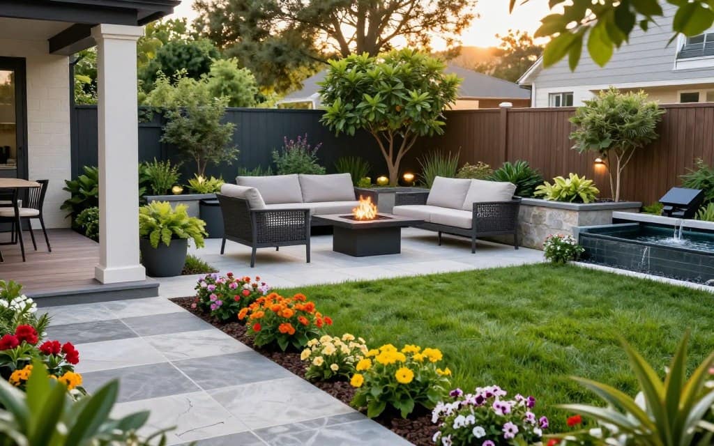 A captivating transformation of front yard and backyard spaces, showcasing a harmonious blend of modern and natural elements. In the foreground, a manicured lawn features a mosaic of flowering plants in vibrant colors alongside a sleek stone pathway leading to a charming porch. The middle section reveals a cozy outdoor seating area with stylish furniture and an elegant fire pit, surrounded by lush greenery and strategically placed planters. In the background, a stunning garden with diverse trees, a tranquil water feature, and sustainable features like solar lights reflects eco-friendly design trends for 2026. Soft, warm sunlight bathes the scene, creating an inviting and serene atmosphere, captured from a slightly elevated angle to encompass both yards. A captivating transformation of front yard and backyard spaces, showcasing a harmonious blend of modern and natural elements. In the foreground, a manicured lawn features a mosaic of flowering plants in vibrant colors alongside a sleek stone pathway leading to a charming porch. The middle section reveals a cozy outdoor seating area with stylish furniture and an elegant fire pit, surrounded by lush greenery and strategically placed planters. In the background, a stunning garden with diverse trees, a tranquil water feature, and sustainable features like solar lights reflects eco-friendly design trends for 2026. Soft, warm sunlight bathes the scene, creating an inviting and serene atmosphere, captured from a slightly elevated angle to encompass both yards.