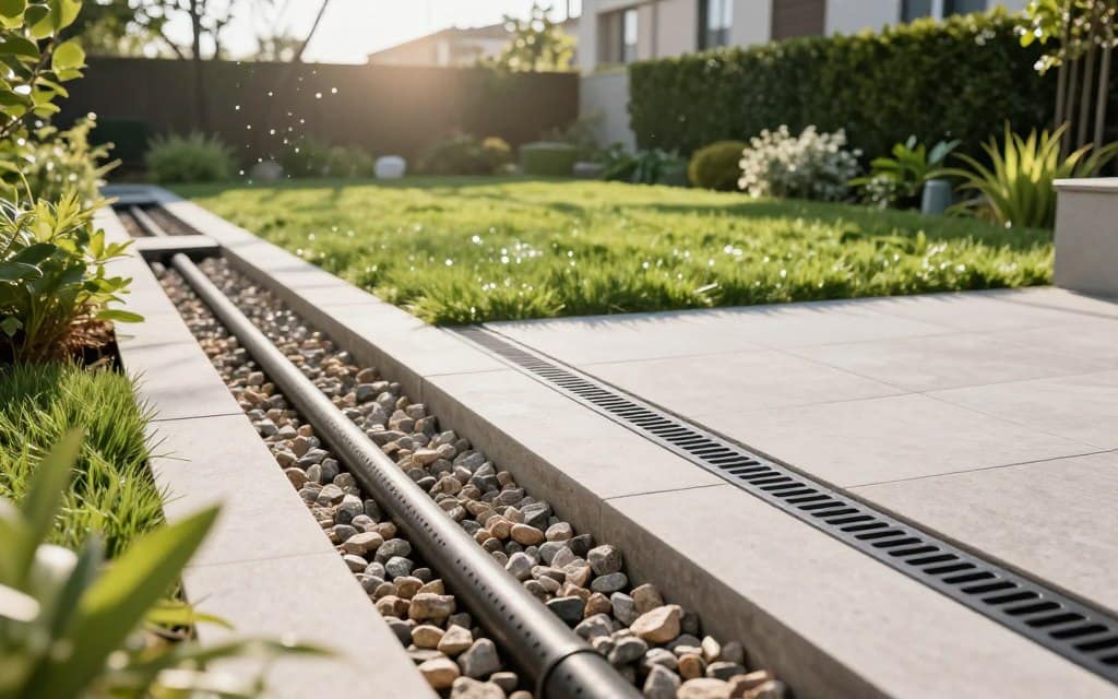 A detailed illustration of a residential yard showcasing effective drainage solutions, specifically French drains and slot drains. In the foreground, a well-defined French drain trench filled with gravel, featuring a perforated pipe, contrasts with an elegant slot drain integrated seamlessly into a modern patio. The middle ground displays lush green landscaping, with subtle water flow indicated for clarity. In the background, a sunny sky enhances the scene, providing soft, natural light that casts gentle shadows. The angle is slightly elevated to capture both drainage solutions and the surrounding garden. The atmosphere is serene and professional, illustrating a practical yet visually appealing solution for managing yard drainage. A detailed illustration of a residential yard showcasing effective drainage solutions, specifically French drains and slot drains. In the foreground, a well-defined French drain trench filled with gravel, featuring a perforated pipe, contrasts with an elegant slot drain integrated seamlessly into a modern patio. The middle ground displays lush green landscaping, with subtle water flow indicated for clarity. In the background, a sunny sky enhances the scene, providing soft, natural light that casts gentle shadows. The angle is slightly elevated to capture both drainage solutions and the surrounding garden. The atmosphere is serene and professional, illustrating a practical yet visually appealing solution for managing yard drainage.