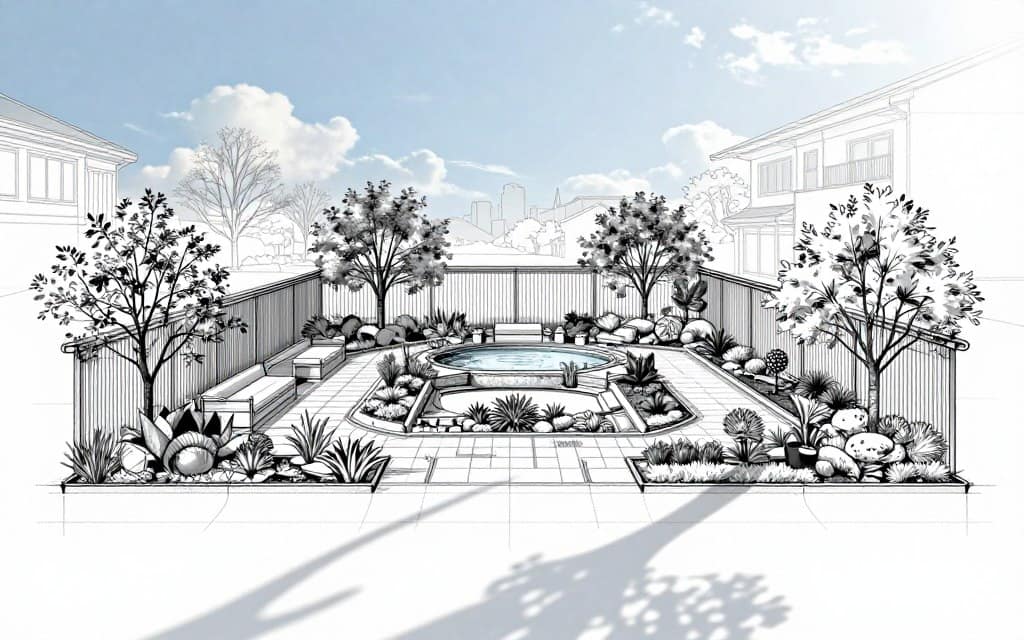 A detailed landscape design blueprint showcasing a residential outdoor space. In the foreground, include meticulously drawn garden beds featuring diverse plant species, pathways with sustainable material, and functional seating areas. The middle layer should depict a carefully laid-out plan for a small pond, surrounded by native trees and shrubs, incorporating elements like a trellis or decorative fencing. In the background, subtle outlines of adjacent buildings and a skyline can be seen, framed by soft clouds under bright natural sunlight, casting gentle shadows across the blueprint. The overall atmosphere should feel serene and inspiring, evoking a sense of creativity and personalized outdoor living. The blueprint should maintain a clean aesthetic, emphasizing clarity and organization without any text or annotations. A detailed landscape design blueprint showcasing a residential outdoor space. In the foreground, include meticulously drawn garden beds featuring diverse plant species, pathways with sustainable material, and functional seating areas. The middle layer should depict a carefully laid-out plan for a small pond, surrounded by native trees and shrubs, incorporating elements like a trellis or decorative fencing. In the background, subtle outlines of adjacent buildings and a skyline can be seen, framed by soft clouds under bright natural sunlight, casting gentle shadows across the blueprint. The overall atmosphere should feel serene and inspiring, evoking a sense of creativity and personalized outdoor living. The blueprint should maintain a clean aesthetic, emphasizing clarity and organization without any text or annotations.