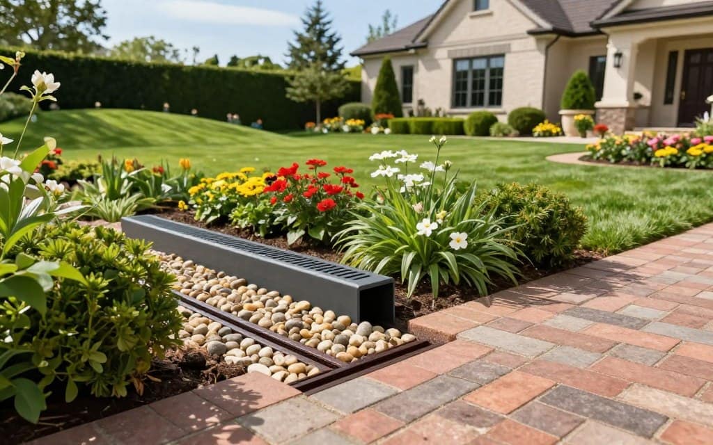 A lush, well-manicured garden featuring an effective landscape drainage solution. In the foreground, a discreet French drain seamlessly integrated into a brick walkway, with small pebbles for aesthetic appeal. In the middle ground, a modern slot drain sits elegantly next to vibrant flower beds, surrounded by rich greenery. The background showcases a gently sloping lawn leading to an elegant home, under clear blue skies with soft, natural lighting. The atmosphere is serene and inviting, evoking a sense of security and sophistication. Use a wide-angle lens perspective to capture the full composition, highlighting how these drainage solutions blend seamlessly into the landscape, enhancing property value and preventing water damage. A lush, well-manicured garden featuring an effective landscape drainage solution. In the foreground, a discreet French drain seamlessly integrated into a brick walkway, with small pebbles for aesthetic appeal. In the middle ground, a modern slot drain sits elegantly next to vibrant flower beds, surrounded by rich greenery. The background showcases a gently sloping lawn leading to an elegant home, under clear blue skies with soft, natural lighting. The atmosphere is serene and inviting, evoking a sense of security and sophistication. Use a wide-angle lens perspective to capture the full composition, highlighting how these drainage solutions blend seamlessly into the landscape, enhancing property value and preventing water damage.