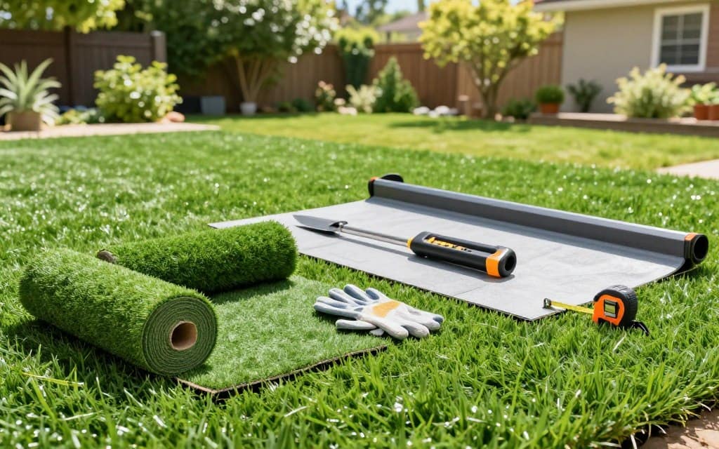 A neatly organized workspace showcasing essential materials and tools for a turf project. In the foreground, display high-quality, PFAS-free artificial grass rolls, rolls of eco-friendly backing material, safety gloves, and a measuring tape. In the middle, feature a turf cutter, a heavy-duty utility knife, and a large outdoor installation tool for leveling. In the background, include a well-maintained backyard setting with lush greenery, sunlight filtering through trees, creating a bright, inviting atmosphere. Use natural lighting to emphasize the textures of the materials, with a slightly elevated angle for a comprehensive view of the setup. The mood should convey professionalism and readiness, ideal for a successful turf installation project. No people should be visible in the image. A neatly organized workspace showcasing essential materials and tools for a turf project. In the foreground, display high-quality, PFAS-free artificial grass rolls, rolls of eco-friendly backing material, safety gloves, and a measuring tape. In the middle, feature a turf cutter, a heavy-duty utility knife, and a large outdoor installation tool for leveling. In the background, include a well-maintained backyard setting with lush greenery, sunlight filtering through trees, creating a bright, inviting atmosphere. Use natural lighting to emphasize the textures of the materials, with a slightly elevated angle for a comprehensive view of the setup. The mood should convey professionalism and readiness, ideal for a successful turf installation project. No people should be visible in the image.
