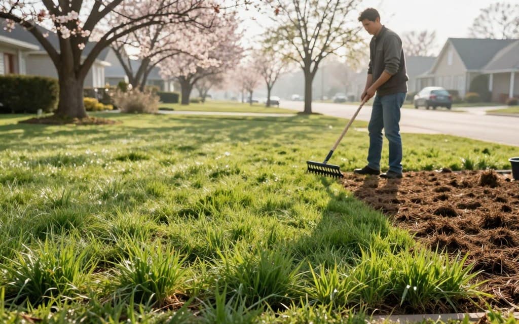 A peaceful suburban lawn during the early spring morning, showcasing a professional landscaper in modest casual clothing examining the lush green grass with a thatch rake. In the foreground, vibrant blades of grass contrast with patches of brown thatch peeking through. The middle ground features a split view: one side shows lush, healthy grass, while the other reveals areas needing dethatching. The background boasts a picturesque neighborhood scene with blossoming trees and flowers indicating the seasonal change. Soft, natural sunlight casts gentle shadows, enhancing the detail of the grass textures, while a slight morning mist creates a fresh, invigorating atmosphere. A peaceful suburban lawn during the early spring morning, showcasing a professional landscaper in modest casual clothing examining the lush green grass with a thatch rake. In the foreground, vibrant blades of grass contrast with patches of brown thatch peeking through. The middle ground features a split view: one side shows lush, healthy grass, while the other reveals areas needing dethatching. The background boasts a picturesque neighborhood scene with blossoming trees and flowers indicating the seasonal change. Soft, natural sunlight casts gentle shadows, enhancing the detail of the grass textures, while a slight morning mist creates a fresh, invigorating atmosphere.