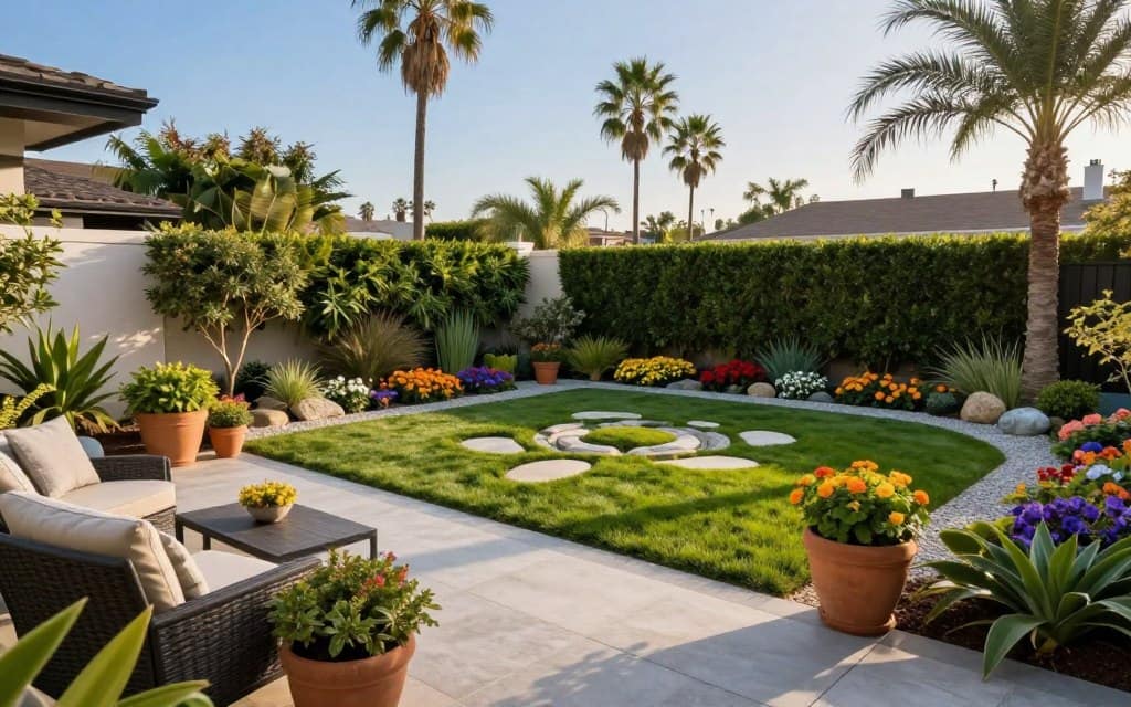 A picturesque Los Angeles backyard showcasing expert landscape installation, featuring a blend of modern elements and natural beauty. In the foreground, a professionally designed patio area with sleek outdoor furniture and lush potted plants. The middle ground displays a vibrant garden with expertly manicured grass, colorful flowers, and decorative stones arranged in an artistic pattern. In the background, palm trees sway under the clear blue sky, framing the scene with a sunny, warm ambiance. Soft, diffuse lighting illuminates the space, and the view captures a slight angle to highlight depth and perspective. The mood is inviting and tranquil, reflecting the essence of expert landscape artistry in a premium Californian setting. A picturesque Los Angeles backyard showcasing expert landscape installation, featuring a blend of modern elements and natural beauty. In the foreground, a professionally designed patio area with sleek outdoor furniture and lush potted plants. The middle ground displays a vibrant garden with expertly manicured grass, colorful flowers, and decorative stones arranged in an artistic pattern. In the background, palm trees sway under the clear blue sky, framing the scene with a sunny, warm ambiance. Soft, diffuse lighting illuminates the space, and the view captures a slight angle to highlight depth and perspective. The mood is inviting and tranquil, reflecting the essence of expert landscape artistry in a premium Californian setting.