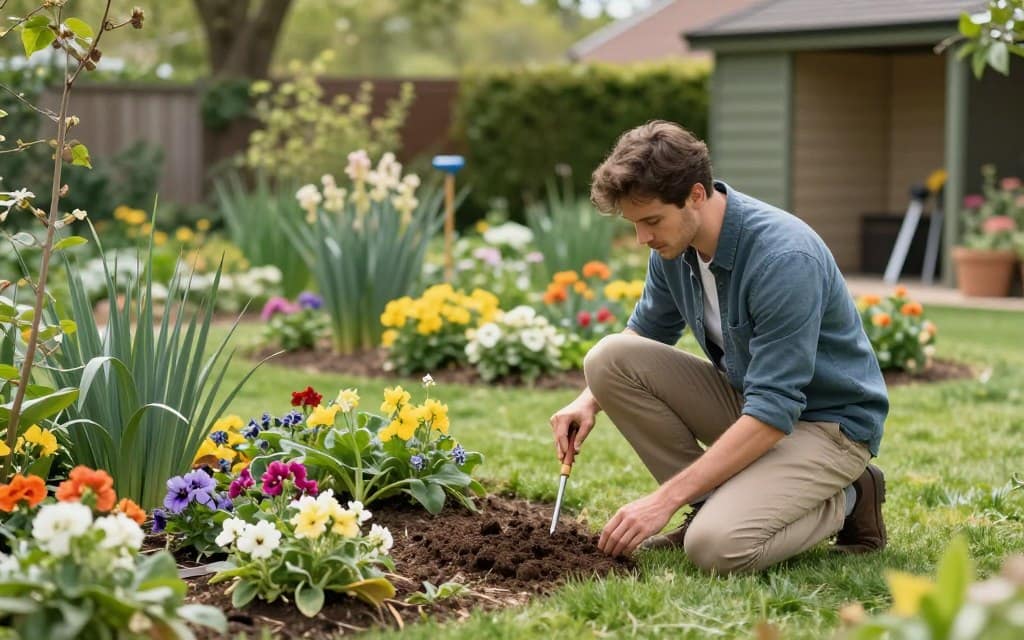 A professional landscape designer assesses various garden areas for plant needs, surrounded by lush greenery and vibrant flowers. In the foreground, the designer, dressed in smart casual attire, kneels on a manicured lawn, inspecting soil conditions with a soil probe. The middle ground features a variety of blooming plants and garden beds, showcasing the diversity of plant life, while a garden shed and tools are subtly visible in the background. Soft, natural lighting bathes the scene, highlighting the colors of the plants, and creating a warm, inviting atmosphere. The composition captures the essence of spring, evoking a sense of renewal and care for the garden. A professional landscape designer assesses various garden areas for plant needs, surrounded by lush greenery and vibrant flowers. In the foreground, the designer, dressed in smart casual attire, kneels on a manicured lawn, inspecting soil conditions with a soil probe. The middle ground features a variety of blooming plants and garden beds, showcasing the diversity of plant life, while a garden shed and tools are subtly visible in the background. Soft, natural lighting bathes the scene, highlighting the colors of the plants, and creating a warm, inviting atmosphere. The composition captures the essence of spring, evoking a sense of renewal and care for the garden.