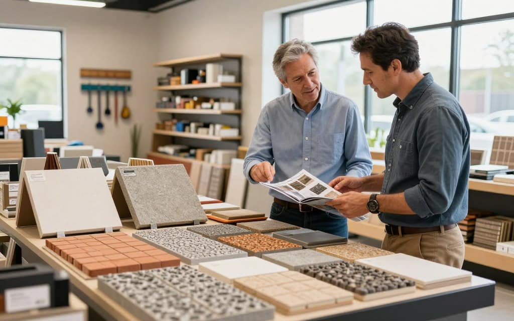 A professional landscape designer examining samples of pavers and poured concrete in a well-lit showroom. In the foreground, a detailed display of various textured pavers, showcasing vibrant colors and patterns. In the middle ground, the designer, a middle-aged person in smart casual attire, is engaged in thoughtful discussion with a colleague, pointing to a brochure highlighting durability features. The background features shelves filled with installation tools and promotional materials about hardscape trends. The environment is bright and inviting, with natural light flooding in through large windows, creating a warm and professional atmosphere. Emphasize a sense of expertise and collaboration, capturing the essence of informed decision-making in hardscape installation. A professional landscape designer examining samples of pavers and poured concrete in a well-lit showroom. In the foreground, a detailed display of various textured pavers, showcasing vibrant colors and patterns. In the middle ground, the designer, a middle-aged person in smart casual attire, is engaged in thoughtful discussion with a colleague, pointing to a brochure highlighting durability features. The background features shelves filled with installation tools and promotional materials about hardscape trends. The environment is bright and inviting, with natural light flooding in through large windows, creating a warm and professional atmosphere. Emphasize a sense of expertise and collaboration, capturing the essence of informed decision-making in hardscape installation.