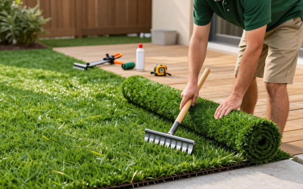 A professional landscape technician meticulously installing artificial turf in a suburban backyard. In the foreground, the technician, dressed in a smart green polo shirt and khaki shorts, is carefully leveling the ground with a rake. The middle ground features vibrant, realistic PFAS-free synthetic grass being rolled out, showcasing rich textures and colors. In the background, an array of tools including a turf cutter, adhesive spray, and a measuring tape are neatly arranged on a wooden deck. The scene is drenched in soft afternoon light, creating a warm and inviting atmosphere. The angle focuses on the technician’s skillful hands at work, emphasizing precision and attention to detail, all while capturing the essence of advanced turf installation techniques. A professional landscape technician meticulously installing artificial turf in a suburban backyard. In the foreground, the technician, dressed in a smart green polo shirt and khaki shorts, is carefully leveling the ground with a rake. The middle ground features vibrant, realistic PFAS-free synthetic grass being rolled out, showcasing rich textures and colors. In the background, an array of tools including a turf cutter, adhesive spray, and a measuring tape are neatly arranged on a wooden deck. The scene is drenched in soft afternoon light, creating a warm and inviting atmosphere. The angle focuses on the technician’s skillful hands at work, emphasizing precision and attention to detail, all while capturing the essence of advanced turf installation techniques.