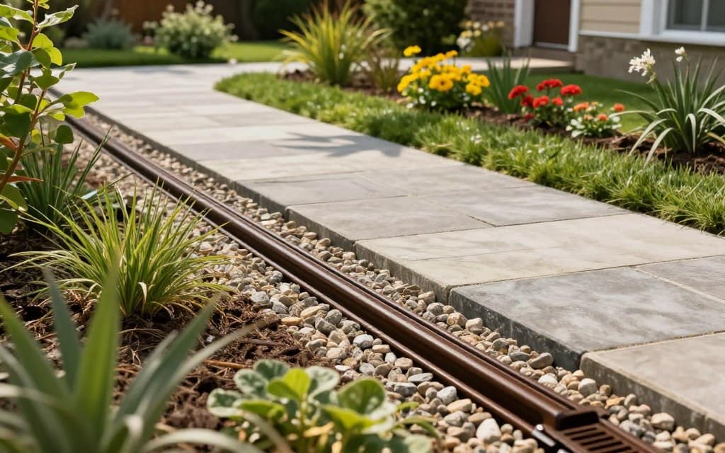 A serene backyard scene showcasing various drainage solutions for a home yard. In the foreground, a well-maintained French drain is expertly installed along a garden border, with gravel and plants surrounding it, highlighting its functionality. The middle ground features a stylish slot drain integrated seamlessly into a stone pathway, adorned with lush grass and vibrant flowers, suggesting a harmonious blend of utility and aesthetics. In the background, a panoramic view of the yard showcases healthy plants and a clear sky, emphasizing the benefits of proper drainage. Soft, natural lighting casts gentle shadows, creating a tranquil atmosphere. The scene is captured from a slightly elevated angle to provide depth, focusing on the intricate details of the drainage systems while maintaining an inviting and constructive mood. A serene backyard scene showcasing various drainage solutions for a home yard. In the foreground, a well-maintained French drain is expertly installed along a garden border, with gravel and plants surrounding it, highlighting its functionality. The middle ground features a stylish slot drain integrated seamlessly into a stone pathway, adorned with lush grass and vibrant flowers, suggesting a harmonious blend of utility and aesthetics. In the background, a panoramic view of the yard showcases healthy plants and a clear sky, emphasizing the benefits of proper drainage. Soft, natural lighting casts gentle shadows, creating a tranquil atmosphere. The scene is captured from a slightly elevated angle to provide depth, focusing on the intricate details of the drainage systems while maintaining an inviting and constructive mood.