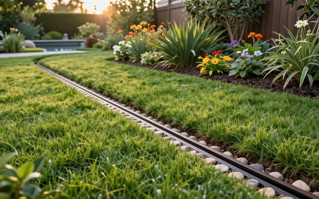 A serene backyard setting showcasing innovative landscape drainage solutions, featuring a French drain and a slot drain integrated seamlessly into the lush grass. In the foreground, highlight a close-up of the subtle drainage channels with decorative stones, creating an elegant aesthetic. In the middle ground, depict a well-maintained garden with vibrant plants and flowers, demonstrating the effectiveness of the drainage. In the background, include a gentle slope leading to a serene water feature that emphasizes proper water management. The lighting should be soft and warm, suggesting a late afternoon ambiance, with a slight sun streak filtering through the trees. Capture this from a slightly elevated angle to showcase the layout, creating a sense of tranquility and effective landscaping. A serene backyard setting showcasing innovative landscape drainage solutions, featuring a French drain and a slot drain integrated seamlessly into the lush grass. In the foreground, highlight a close-up of the subtle drainage channels with decorative stones, creating an elegant aesthetic. In the middle ground, depict a well-maintained garden with vibrant plants and flowers, demonstrating the effectiveness of the drainage. In the background, include a gentle slope leading to a serene water feature that emphasizes proper water management. The lighting should be soft and warm, suggesting a late afternoon ambiance, with a slight sun streak filtering through the trees. Capture this from a slightly elevated angle to showcase the layout, creating a sense of tranquility and effective landscaping.