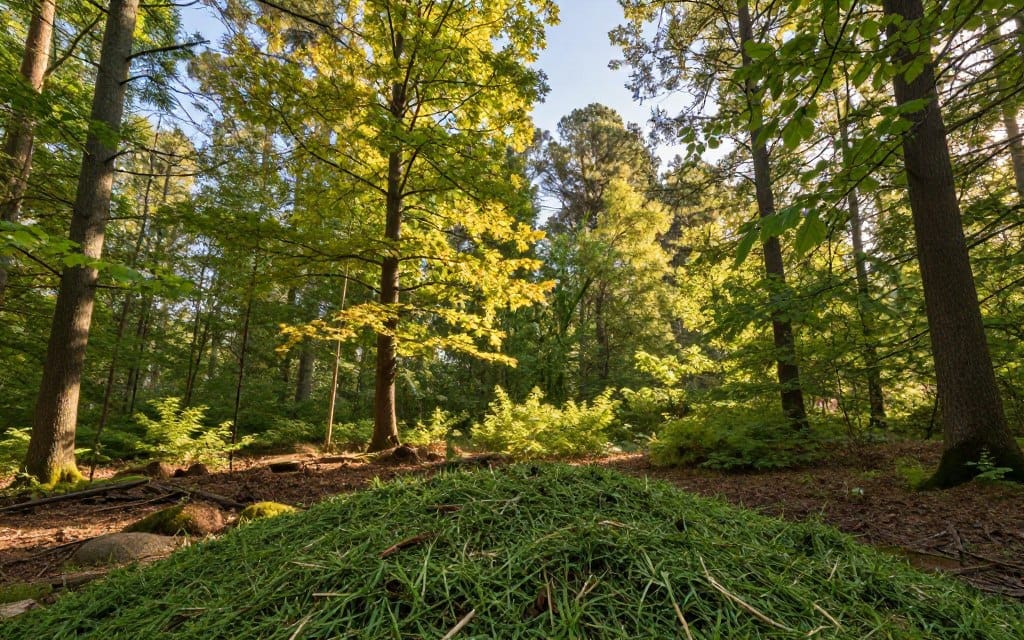A serene forest landscape showcasing the environmental benefits of forestry mulching. In the foreground, vibrant green mulched wood chips cover the forest floor, blending naturally with rich soil and diverse plant life. In the middle ground, healthy young trees stand tall, their leaves shimmering in golden sunlight filtering through the canopy above. A soft breeze creates gentle movement in the foliage. In the background, a clear blue sky peeks through, emphasizing a tranquil and healthy ecosystem. The lighting is warm and inviting, casting soft shadows that enhance the tranquility of the scene. The mood conveys harmony between nature and sustainable practices, showcasing a thriving environment free from the effects of traditional land-clearing methods. A serene forest landscape showcasing the environmental benefits of forestry mulching. In the foreground, vibrant green mulched wood chips cover the forest floor, blending naturally with rich soil and diverse plant life. In the middle ground, healthy young trees stand tall, their leaves shimmering in golden sunlight filtering through the canopy above. A soft breeze creates gentle movement in the foliage. In the background, a clear blue sky peeks through, emphasizing a tranquil and healthy ecosystem. The lighting is warm and inviting, casting soft shadows that enhance the tranquility of the scene. The mood conveys harmony between nature and sustainable practices, showcasing a thriving environment free from the effects of traditional land-clearing methods.