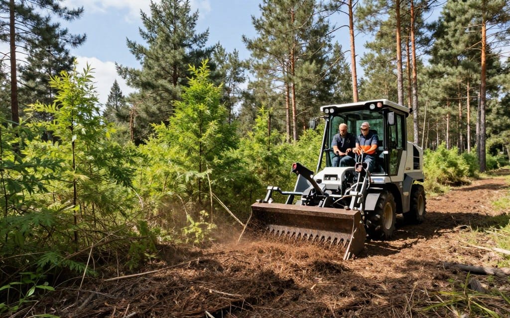 A serene landscape depicting the implementation of a forestry mulching project in a wooded area. In the foreground, a modern forestry mulcher machine, robust and equipped with sharp blades, actively mulching underbrush and small trees, sending fine chips into the air. The operators, dressed in professional work attire, focus on controlling the equipment, showcasing teamwork and expertise. In the middle ground, freshly mulched earth contrasts with vibrant green foliage, illustrating the eco-friendly technique of clearing land without burning or hauling debris. The background features tall trees and a clear blue sky, with soft, diffused sunlight filtering through the branches, creating a natural and harmonious atmosphere. The entire scene radiates a sense of progress and sustainability, emphasizing the efficiency of forestry mulching. A serene landscape depicting the implementation of a forestry mulching project in a wooded area. In the foreground, a modern forestry mulcher machine, robust and equipped with sharp blades, actively mulching underbrush and small trees, sending fine chips into the air. The operators, dressed in professional work attire, focus on controlling the equipment, showcasing teamwork and expertise. In the middle ground, freshly mulched earth contrasts with vibrant green foliage, illustrating the eco-friendly technique of clearing land without burning or hauling debris. The background features tall trees and a clear blue sky, with soft, diffused sunlight filtering through the branches, creating a natural and harmonious atmosphere. The entire scene radiates a sense of progress and sustainability, emphasizing the efficiency of forestry mulching.