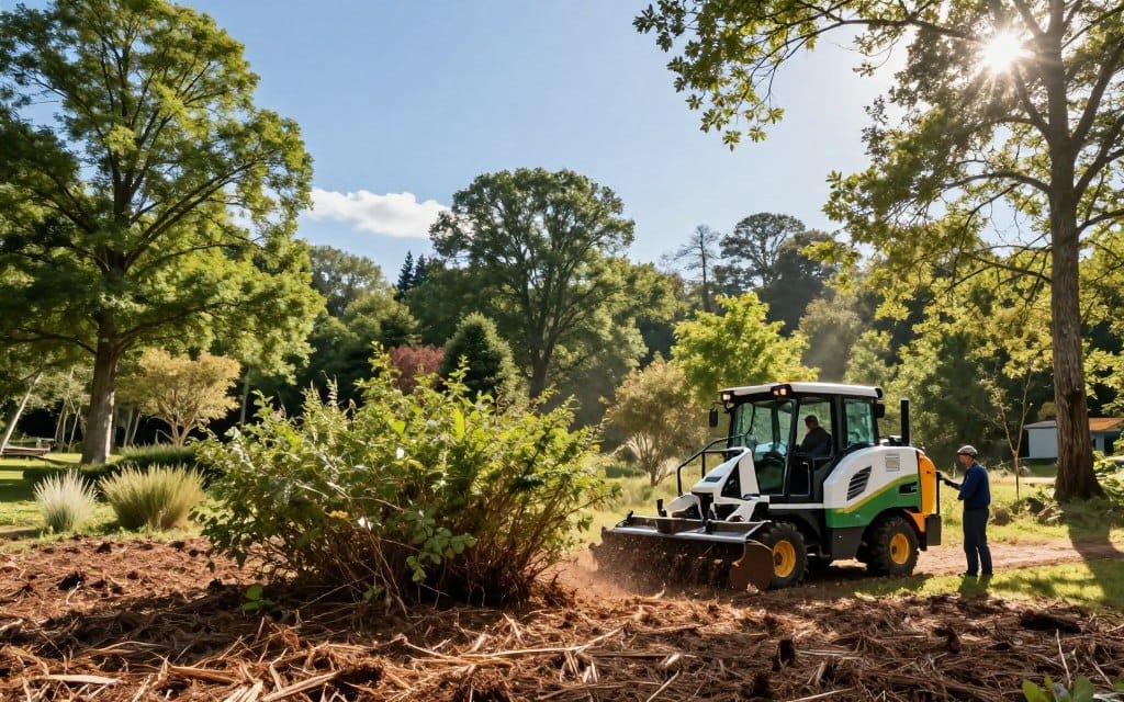 A serene landscape showcasing eco-friendly forestry mulching in action. In the foreground, a modern forestry mulcher efficiently processes underbrush, creating a rich layer of mulch. The operator, dressed in professional work attire, observes the machine’s progress, emphasizing responsible land management. In the middle ground, a diverse array of native trees and shrubs thrive, illustrating the benefits of sustainable practices. Sunlight filters through the foliage, casting gentle rays that create a warm, inviting atmosphere. In the background, a clear blue sky contrasts with lush greenery, symbolizing harmony between nature and technology. The scene should evoke a sense of tranquility and the importance of eco-conscious land stewardship, with vibrant colors and soft shadows enhancing the overall mood. A serene landscape showcasing eco-friendly forestry mulching in action. In the foreground, a modern forestry mulcher efficiently processes underbrush, creating a rich layer of mulch. The operator, dressed in professional work attire, observes the machine’s progress, emphasizing responsible land management. In the middle ground, a diverse array of native trees and shrubs thrive, illustrating the benefits of sustainable practices. Sunlight filters through the foliage, casting gentle rays that create a warm, inviting atmosphere. In the background, a clear blue sky contrasts with lush greenery, symbolizing harmony between nature and technology. The scene should evoke a sense of tranquility and the importance of eco-conscious land stewardship, with vibrant colors and soft shadows enhancing the overall mood.