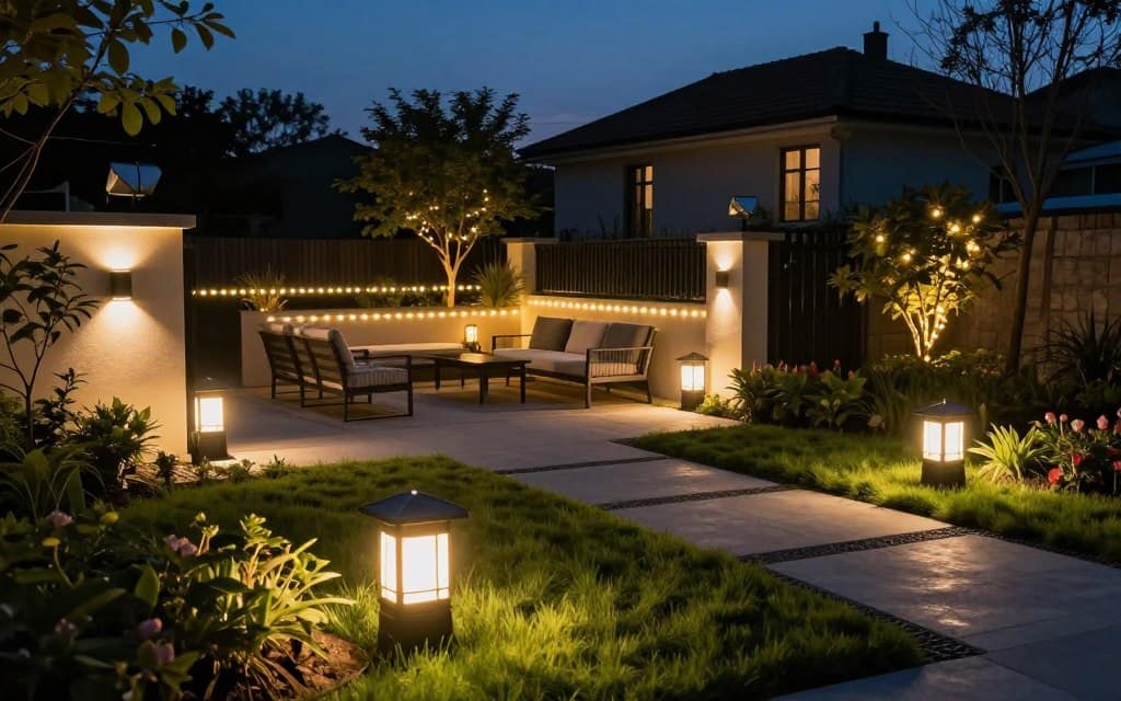 A serene outdoor environment at dusk showcasing various LED outdoor lighting options, including elegant wall-mounted fixtures, stylish pathway lights, and robust floodlights. In the foreground, emphasize soft-glowing solar-powered lights illuminating a well-maintained garden. In the middle, display a modern outdoor seating area highlighted by warm, inviting LED string lights, enhancing the cozy atmosphere. The background features a picturesque home silhouetted against the twilight sky, with subtle wired LED landscape lights accentuating trees and flower beds. Use a wide-angle lens perspective to capture the full depth of the scene, ensuring the lighting is soft yet visible, creating a secure and welcoming ambiance. The mood is tranquil, showcasing safety and security through effective LED technology. A serene outdoor environment at dusk showcasing various LED outdoor lighting options, including elegant wall-mounted fixtures, stylish pathway lights, and robust floodlights. In the foreground, emphasize soft-glowing solar-powered lights illuminating a well-maintained garden. In the middle, display a modern outdoor seating area highlighted by warm, inviting LED string lights, enhancing the cozy atmosphere. The background features a picturesque home silhouetted against the twilight sky, with subtle wired LED landscape lights accentuating trees and flower beds. Use a wide-angle lens perspective to capture the full depth of the scene, ensuring the lighting is soft yet visible, creating a secure and welcoming ambiance. The mood is tranquil, showcasing safety and security through effective LED technology.