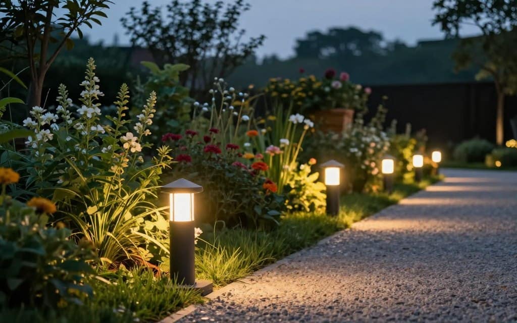 A serene outdoor scene showcasing energy-efficient LED lights illuminating a lush garden pathway during twilight. In the foreground, a row of sleek, modern LED fixtures lines a gravel walkway, casting a warm, inviting glow. The middle ground features vibrant flowers and greenery softly lit by the lights, highlighting their energy efficiency and aesthetic appeal. In the background, a subtle silhouette of trees fades into the evening sky, emphasizing the peaceful atmosphere. The lighting should be soft yet clearly defined, conveying a balance of functionality and beauty. The angle is slightly elevated, capturing the pathway's inviting structure while ensuring the lights are the focal point, evoking a sense of tranquility and sustainability. A serene outdoor scene showcasing energy-efficient LED lights illuminating a lush garden pathway during twilight. In the foreground, a row of sleek, modern LED fixtures lines a gravel walkway, casting a warm, inviting glow. The middle ground features vibrant flowers and greenery softly lit by the lights, highlighting their energy efficiency and aesthetic appeal. In the background, a subtle silhouette of trees fades into the evening sky, emphasizing the peaceful atmosphere. The lighting should be soft yet clearly defined, conveying a balance of functionality and beauty. The angle is slightly elevated, capturing the pathway's inviting structure while ensuring the lights are the focal point, evoking a sense of tranquility and sustainability.
