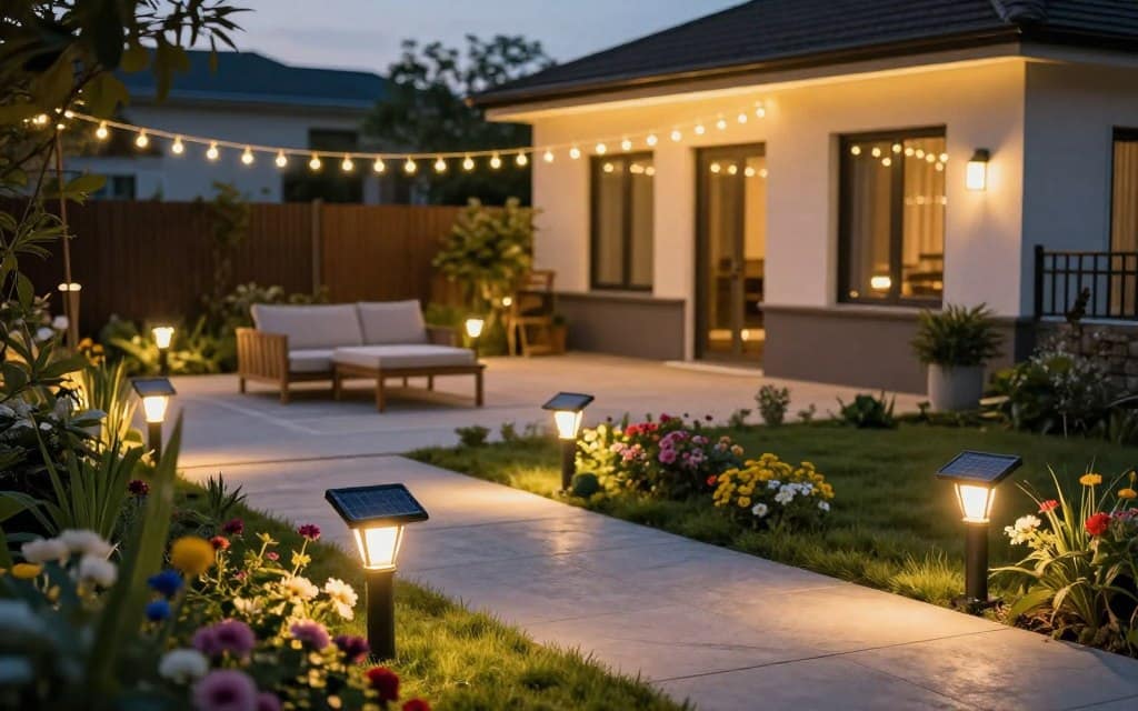 A serene outdoor setting showcasing various LED lighting options, emphasizing both solar and wired types. In the foreground, a beautifully landscaped garden with solar LED path lights illuminating the walkway, surrounded by vibrant flowers. In the middle, a cozy patio area with stylish wired LED string lights overhead, creating a warm ambiance. The background features a modern home with energy-efficient wired lighting perfectly integrated into the architecture, casting a soft glow. The scene is captured during twilight, with a soft focus to enhance the magical evening atmosphere. Use warm color tones, accentuating the lighting to showcase the contrast between solar and wired options, with a slightly elevated angle to capture the entire setting harmoniously. A serene outdoor setting showcasing various LED lighting options, emphasizing both solar and wired types. In the foreground, a beautifully landscaped garden with solar LED path lights illuminating the walkway, surrounded by vibrant flowers. In the middle, a cozy patio area with stylish wired LED string lights overhead, creating a warm ambiance. The background features a modern home with energy-efficient wired lighting perfectly integrated into the architecture, casting a soft glow. The scene is captured during twilight, with a soft focus to enhance the magical evening atmosphere. Use warm color tones, accentuating the lighting to showcase the contrast between solar and wired options, with a slightly elevated angle to capture the entire setting harmoniously.