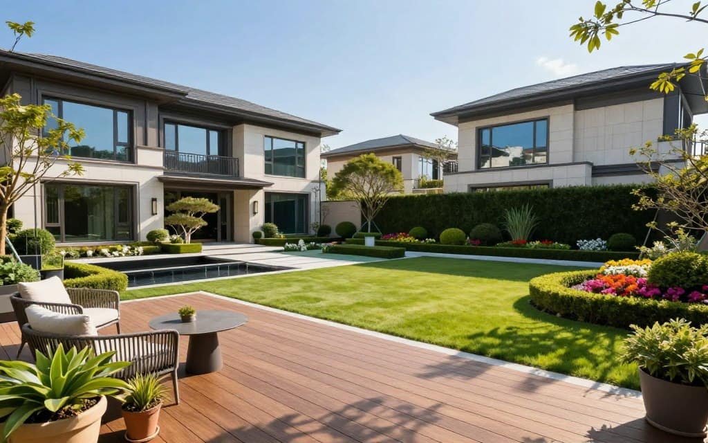 A serene residential landscape featuring modern design elements, in the foreground a sleek wooden deck with elegant outdoor furniture and potted greenery. The middle ground showcases a beautifully manicured lawn with geometric hedges, a minimalist water feature, and vibrant flower beds. In the background, stylish, contemporary homes with large windows reflect the surrounding nature, under a bright, clear blue sky. The scene is bathed in warm, soft sunlight, creating inviting shadows that enhance the textures of the landscaping materials. The overall atmosphere is tranquil and sophisticated, embodying the essence of innovative landscape design. A serene residential landscape featuring modern design elements, in the foreground a sleek wooden deck with elegant outdoor furniture and potted greenery. The middle ground showcases a beautifully manicured lawn with geometric hedges, a minimalist water feature, and vibrant flower beds. In the background, stylish, contemporary homes with large windows reflect the surrounding nature, under a bright, clear blue sky. The scene is bathed in warm, soft sunlight, creating inviting shadows that enhance the textures of the landscaping materials. The overall atmosphere is tranquil and sophisticated, embodying the essence of innovative landscape design.
