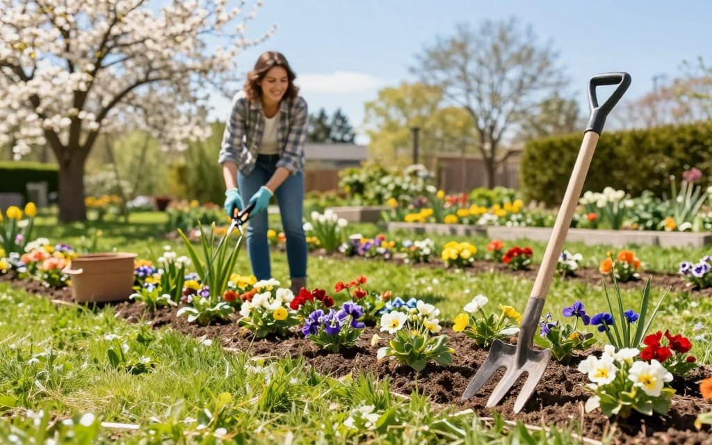 A serene spring garden scene showcasing effective clean-up tips. In the foreground, vibrant green grass with freshly turned soil, a garden fork and rake leaning against an inviting flower bed filled with blooming flowers in various colors. In the middle ground, a cheerful gardener in modest casual clothing, focused on pruning overgrown plants with shears, demonstrating the importance of timely maintenance. The background features a lush and sunny landscape, with blossoming trees and a clear blue sky, creating a bright and inspirational atmosphere. Soft, natural lighting enhances the freshness of spring, while a slight depth of field effect draws attention to the gardener's activities, conveying a sense of purpose and organization in their clean-up efforts. A serene spring garden scene showcasing effective clean-up tips. In the foreground, vibrant green grass with freshly turned soil, a garden fork and rake leaning against an inviting flower bed filled with blooming flowers in various colors. In the middle ground, a cheerful gardener in modest casual clothing, focused on pruning overgrown plants with shears, demonstrating the importance of timely maintenance. The background features a lush and sunny landscape, with blossoming trees and a clear blue sky, creating a bright and inspirational atmosphere. Soft, natural lighting enhances the freshness of spring, while a slight depth of field effect draws attention to the gardener's activities, conveying a sense of purpose and organization in their clean-up efforts.