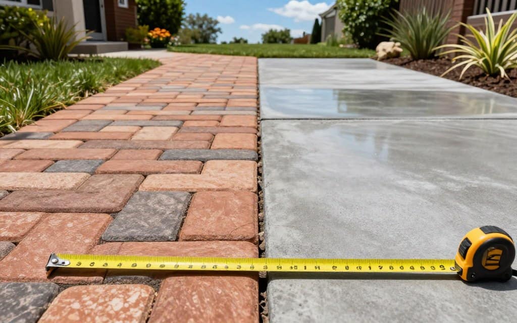 A side-by-side comparison of pavers and poured concrete in a residential backyard setting. On the left, a beautifully laid pathway of vibrant, interlocking pavers in warm earth tones, showcasing their texture and varied shapes. On the right, a smooth, gray poured concrete surface, reflecting a sleek and minimalist design. In the foreground, a measuring tape is draped over both surfaces, emphasizing the durability test aspect. The middle ground features grass and decorative plants softly framing the scene, while the background reveals a clear blue sky with a few wispy clouds. The lighting is bright and natural, creating vivid contrasts that enhance the textures. The overall mood is informative and inviting, ideal for illustrating material durability in hardscape installations. A side-by-side comparison of pavers and poured concrete in a residential backyard setting. On the left, a beautifully laid pathway of vibrant, interlocking pavers in warm earth tones, showcasing their texture and varied shapes. On the right, a smooth, gray poured concrete surface, reflecting a sleek and minimalist design. In the foreground, a measuring tape is draped over both surfaces, emphasizing the durability test aspect. The middle ground features grass and decorative plants softly framing the scene, while the background reveals a clear blue sky with a few wispy clouds. The lighting is bright and natural, creating vivid contrasts that enhance the textures. The overall mood is informative and inviting, ideal for illustrating material durability in hardscape installations.